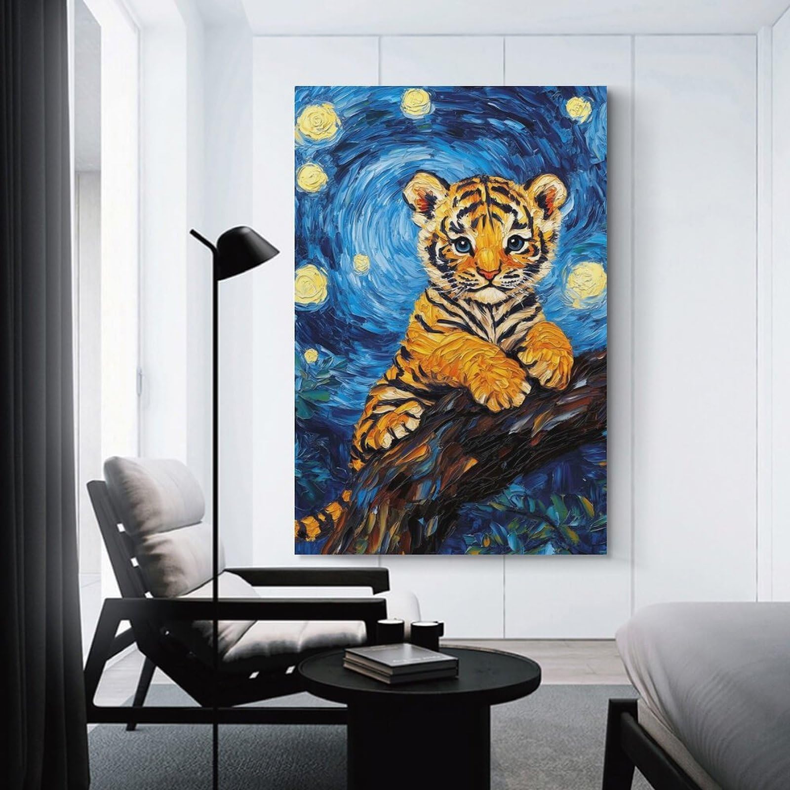 Junmoney Unframe-Style-5 Tiger Cub In Starry Night Style Home Decor Wall Art 24X36inch(60X90cm), For Lounge, Study, Hallway Or Flat Walls, Stylish Home Artwork For Focal Walls