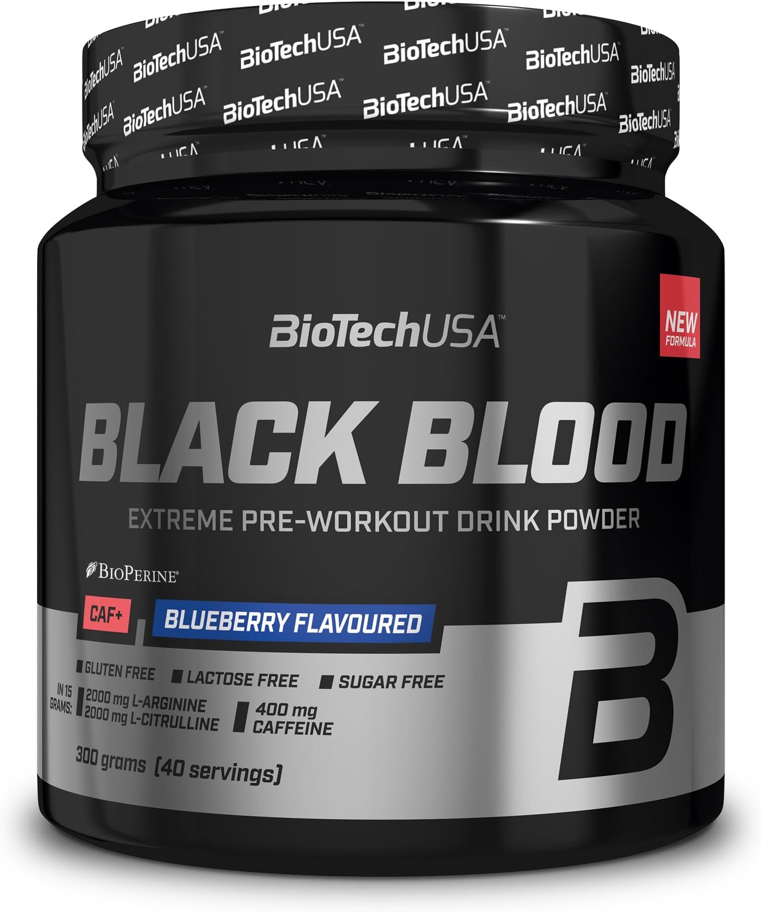 Black Blood CAF+ | Preworkout Drink Powder | 12 Active Ingredients | 200mg Caffeine per Serving | Sugar, Lactose, and Gluten-Free, 300 g, Blueberry