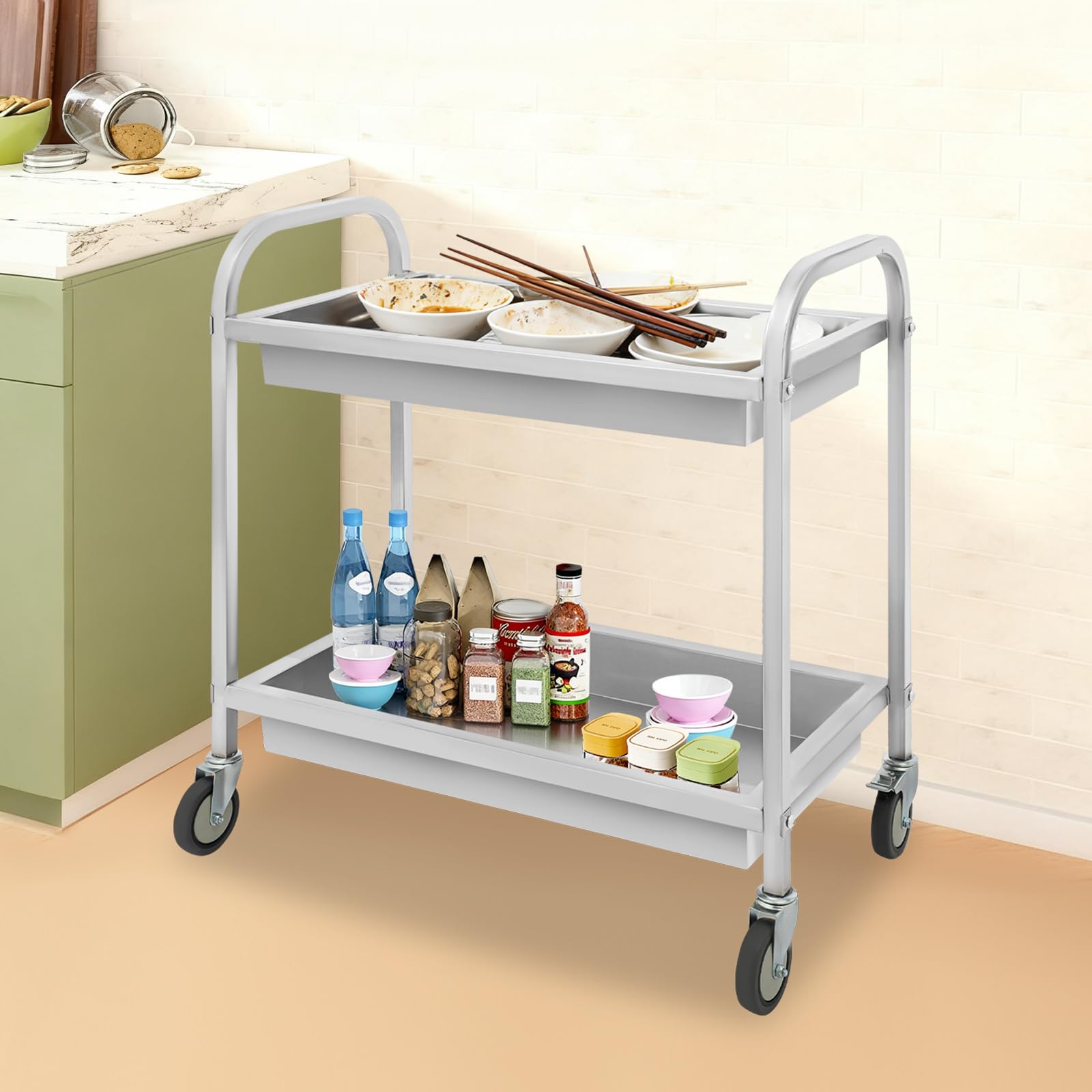 Carro de servicio con ruedas de 2 Davon, carro de cocina de acero inoxidable 201 con 2 niveles, carro de bar hasta 75 kg, clásico y duradero, carrito para servicio y personal de cocina, 85