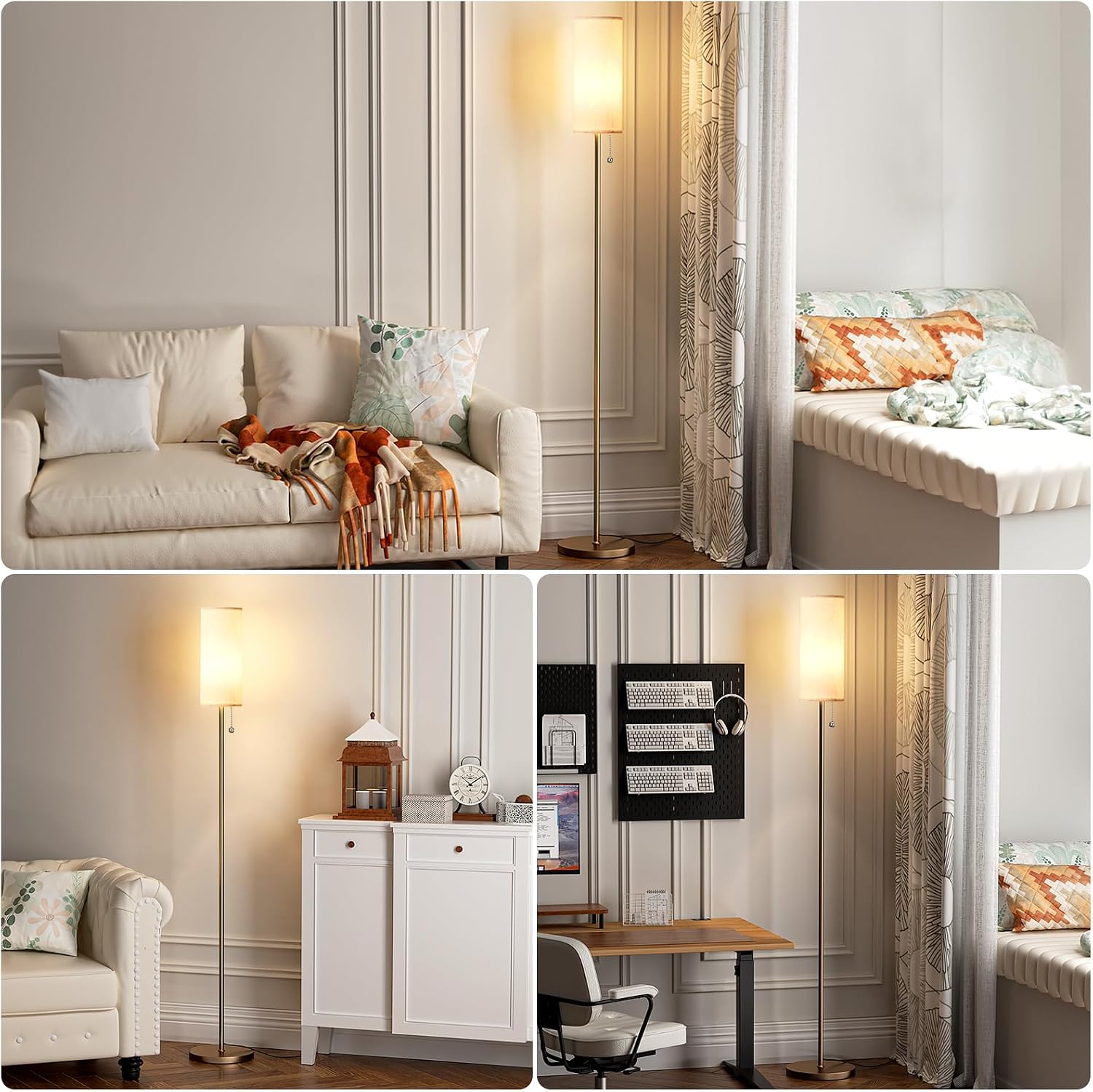 Ambimall Floor Lamp for Living Room with 3 Color Temperatures Bulb, 64" Standing lamp with Linen lampshade for Bedroom, Minimalist Pole Lamp, Dark Beige Shade & Brown Pole