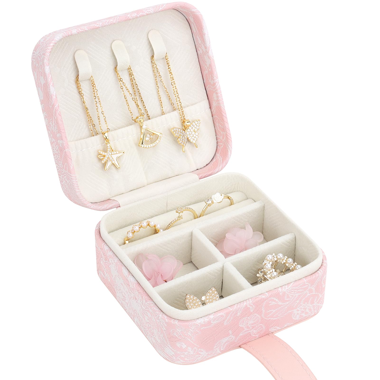 DesignSter Petite Boîte à Bijoux De Voyage Avec Boucle Pour Femme, Petite Boîte De Rangement à Bijoux Portable Avec Broderie Jacquard Pour Bagues, Boucles D'oreilles, Colliers, Bracelets, Bleu