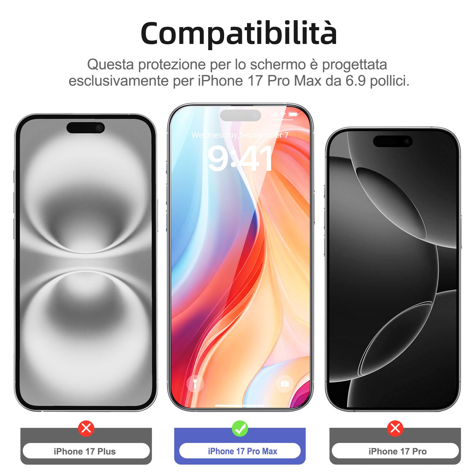 NEW'C 3 Pezzi, Pellicola Protettiva Schermo Intero per iPhone 17 Pro Max 6,9 pollici [Installazione Automatica], Vetro Temperato - Ultra Resistente - Adatta alla Custodia