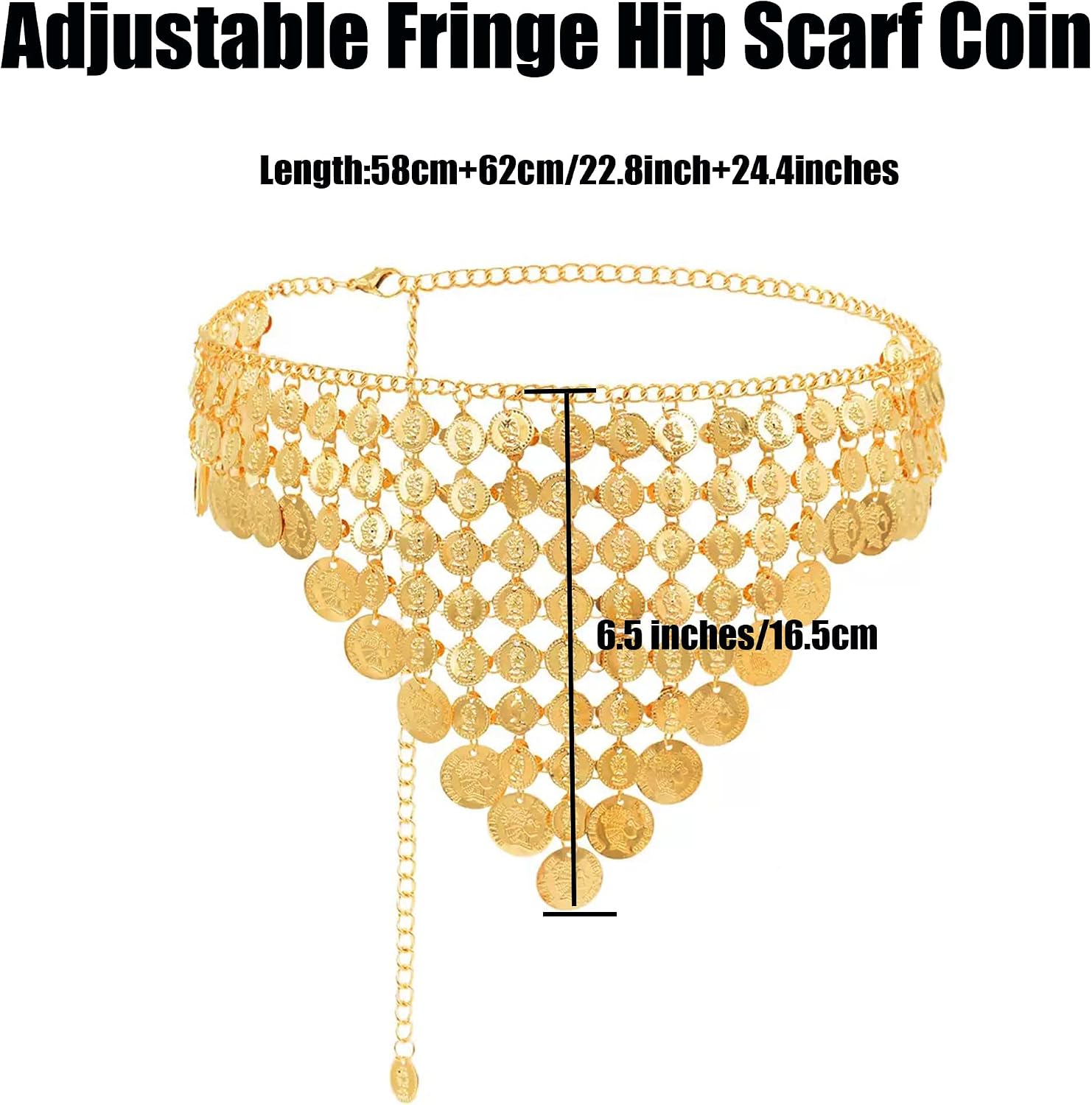 Gold Coin Belly Dance Hip Scarf Belt, Adjustable Length, Metal Chain Dance Costume Accessory