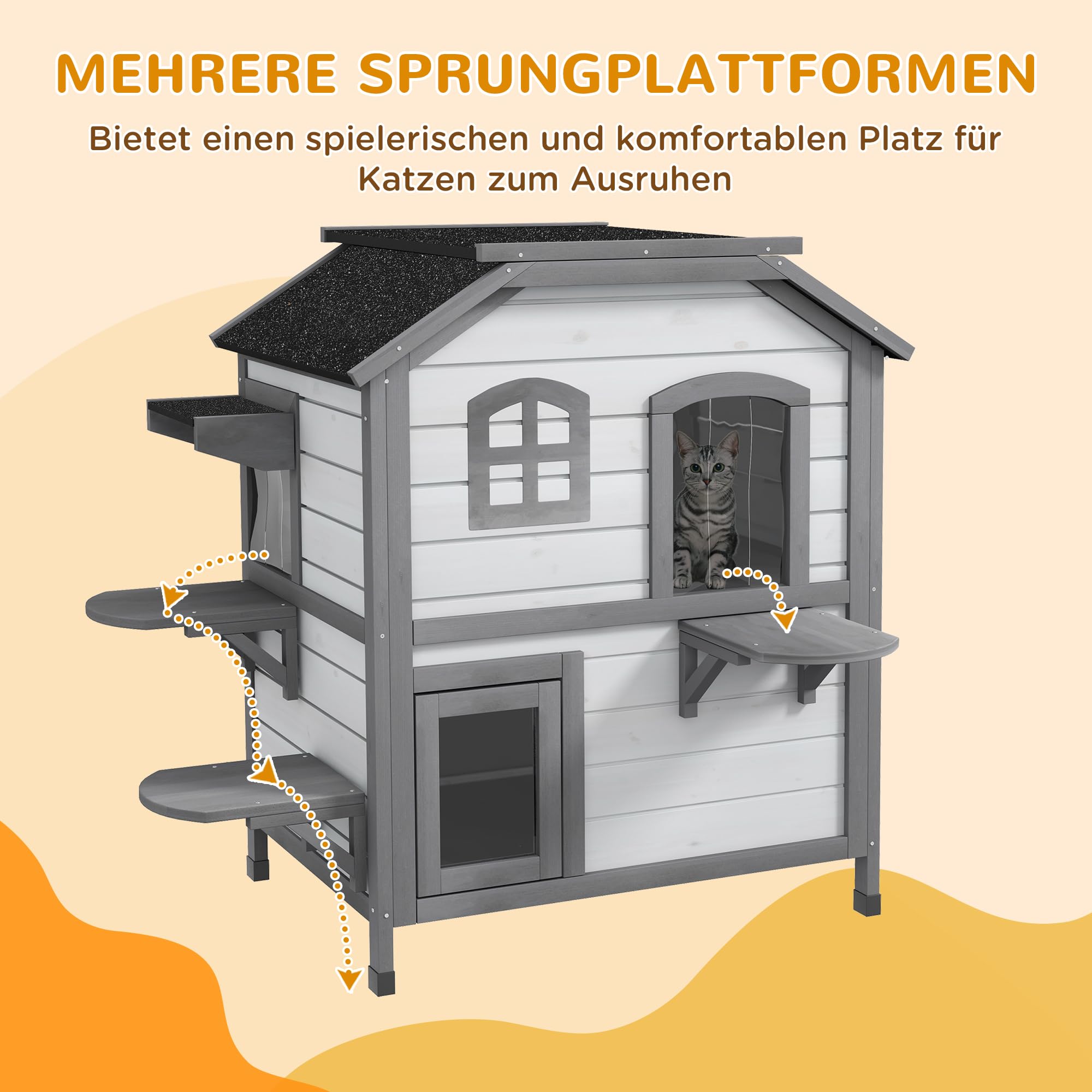 PawHut Casetta per Gatti Con Tetto in Asfalto, da Esterno Con Scale, Villa a 2 Piani, Impermeabile, da Giardino, in Legno di Abete, Bianco, 78 x 55,5 x 91 cm