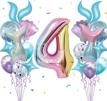 Mermaid Birthday Decorations 40 Inch Giant 4 Years Old Foil Balloons Kit for Girls Under The Sea Theme Party 21Pcs Balloons for Birthday Anniversary Baby Shower Party Decorations Supplies