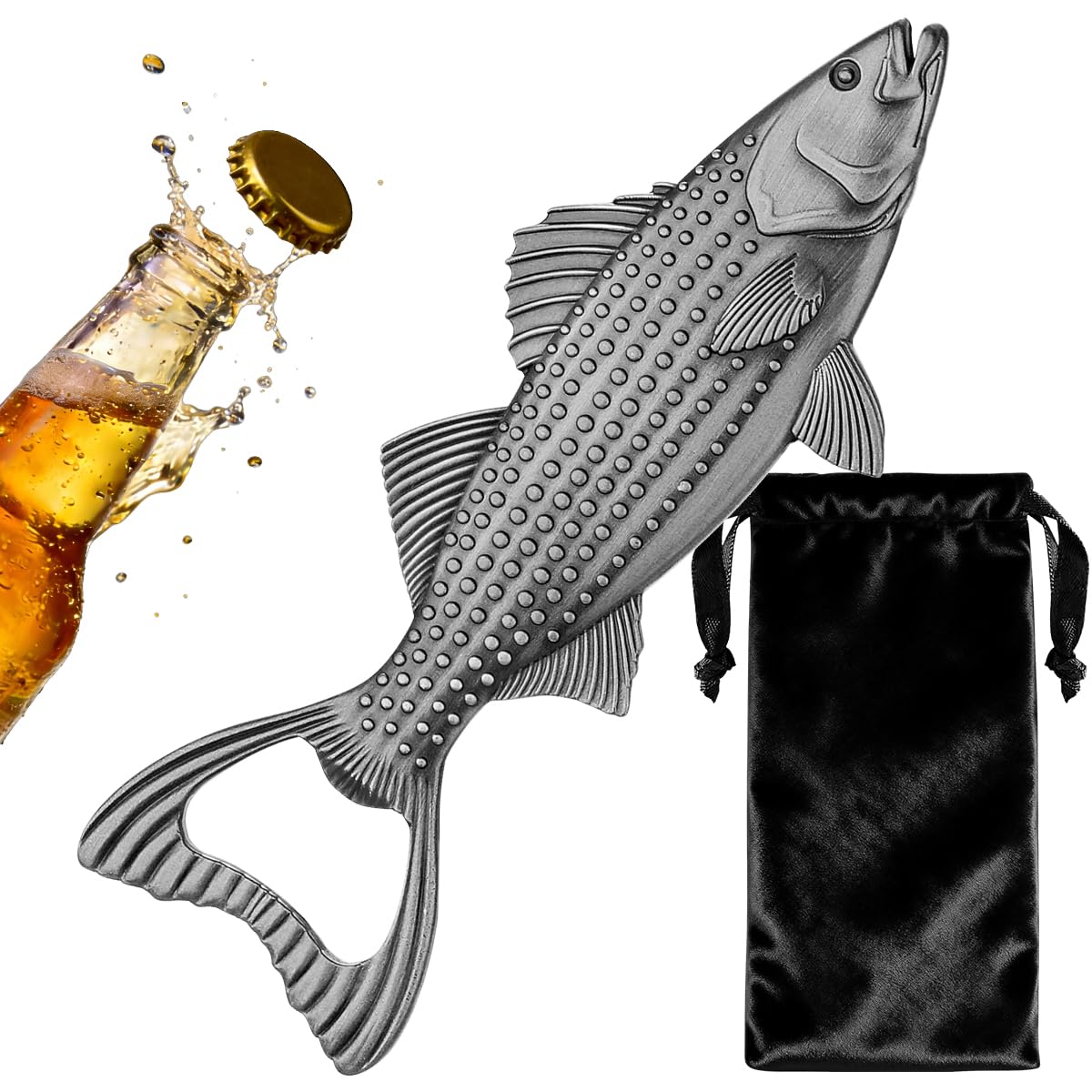 MR.BARWARE Bass Fish Bottle Opener – Fishing Gift for Him, Dad, Beer Enthusiasts – Silver Fish-Shaped Bar Tool with Gift Bag – Ideal Birthday, Father’s Day, Xmas Present