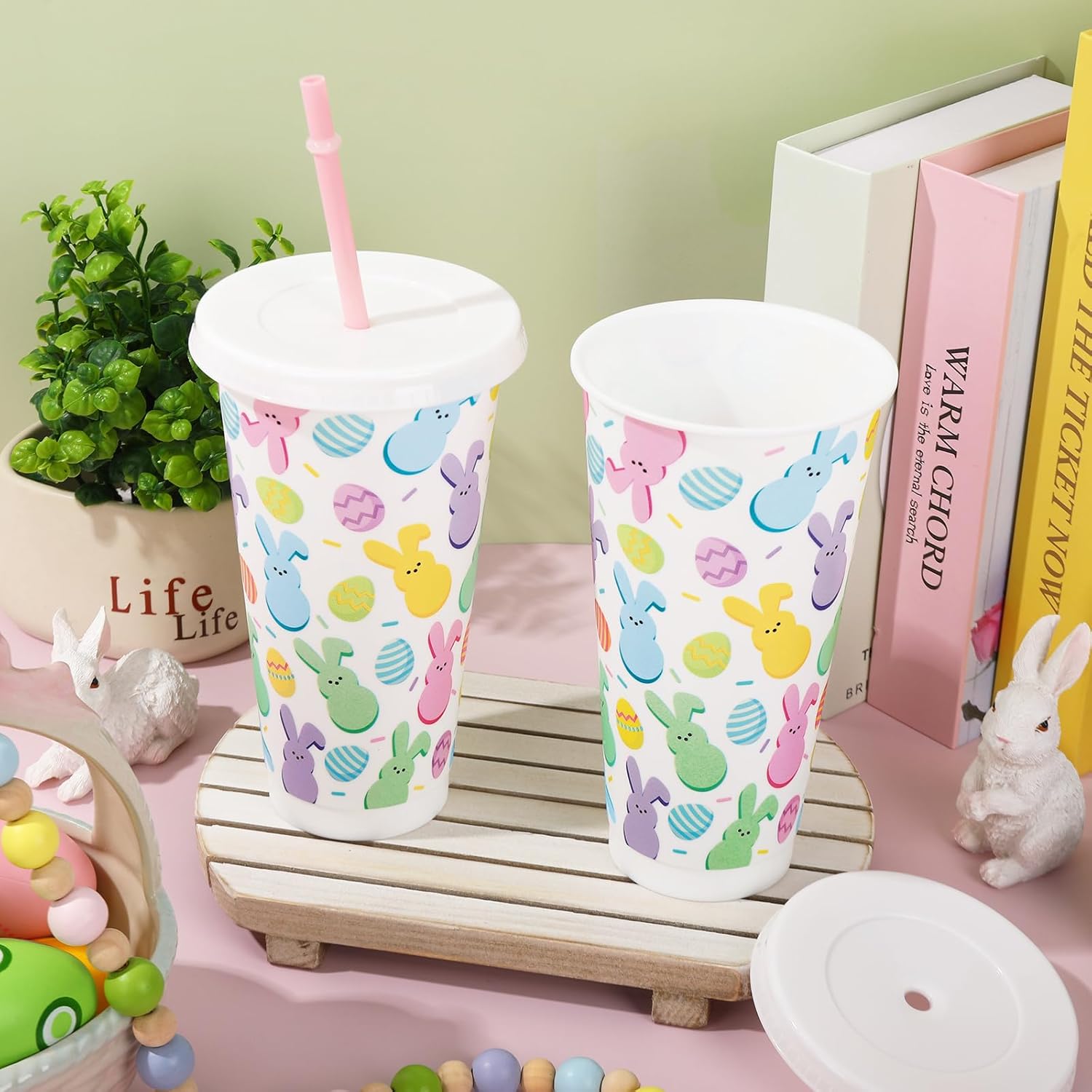 JarThenaAMCS 12Pcs Easter Plastic Cups with Straw and Lid Pastel Easter Egg Bunny Tumbler Colorful Holiday Plastic Cups for Cold Drinks Easter Home Office Party Decoration - Image 4