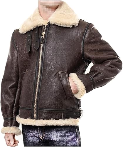 Men’s Superhero Gamer Leon Bomber Faux Fur Shearling RE4 Leather Aviator Jacket for Men - 3XL - Brown - Real Leather