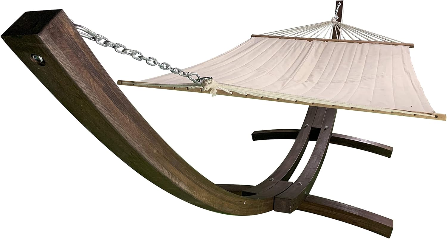 14 Ft. Wooden Arc Hammock Stand + Deluxe Quilted Double Padded Hammock Bed w/Pillow. 2 Person Bed. 450 LB Capacity(Coffee Stain/Spring Stripe)