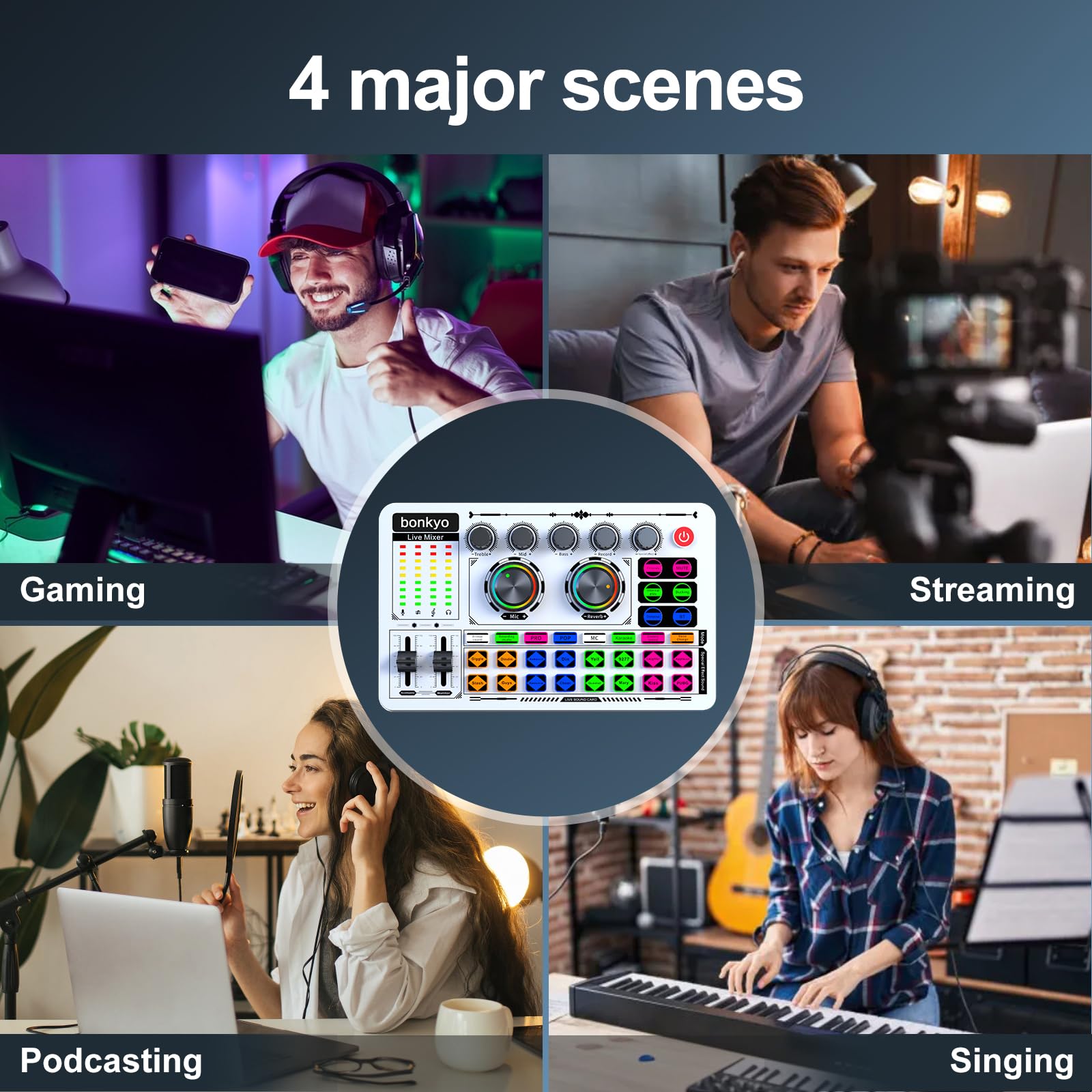 F999 White Live Streaming Sound Card, Professional Audio Mixer, Voice Changer Soundboard with Audio Interface, Bluetooth, Noise Reduction, DJ Mixer Board for Live/Podcasting/Gaming