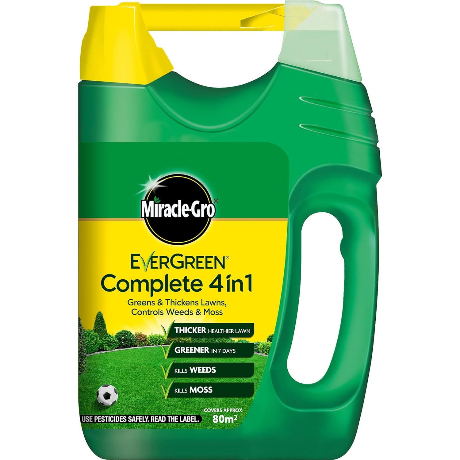AMK® Miracle Gro Evergreen Complete 4 in 1 Lawn Treatment Spreader 80m2 Feed Weed Moss Killer Care for Greener Thicker Grass Kills Weeds Mosses Controls Garden Coverage Easy Apply Pack