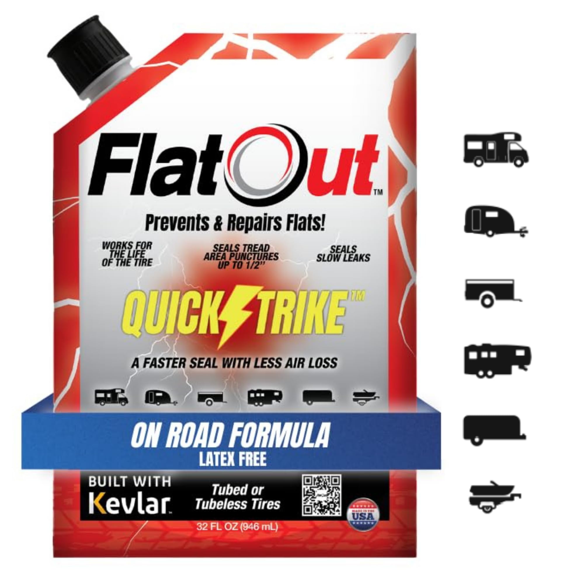 FlatOut QuickStrike Tire Sealant On Road Formula - Prevent Flat Tires, Seal Leaks, Contains Kevlar, 32-Ounce Bag