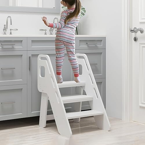 Miniatura 7 de AMBIRD Taburete plegable de madera de bambú para niños pequeños, con almohadillas antideslizantes y asas, taburete ajustable de 3 escalones para