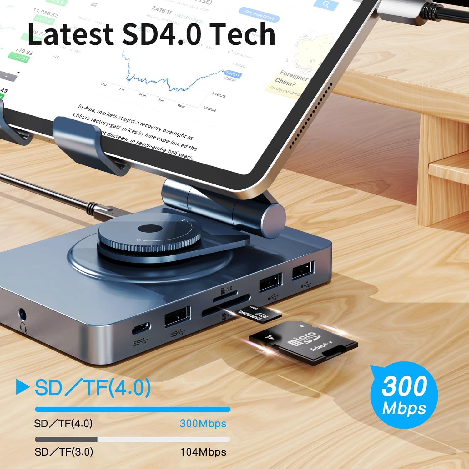 Docking station USB C girevole a 360° per iPad, iPad Pro, tablet, Samsung, Steam Deck, ROG Ally, Legion Go, Msi Claw, ecc., 11 in 1 con lettore SD TF 4.0, HDMI 4K@60Hz, RJ45, Audio, USB A, USB C