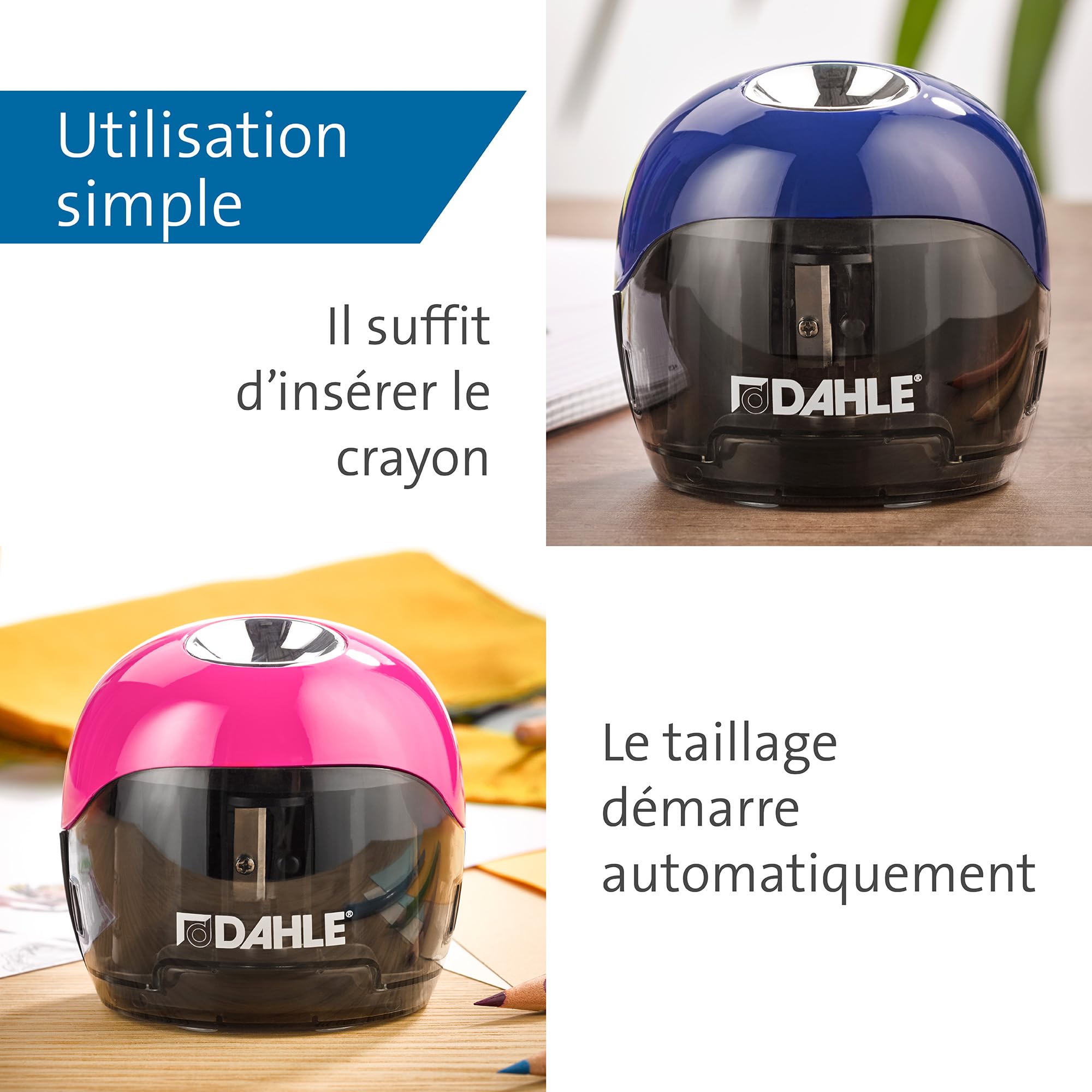 DAHLE 00250-16892 Taille-crayon électrique 250, 2 couteaux opposés, alimenté par piles, magenta