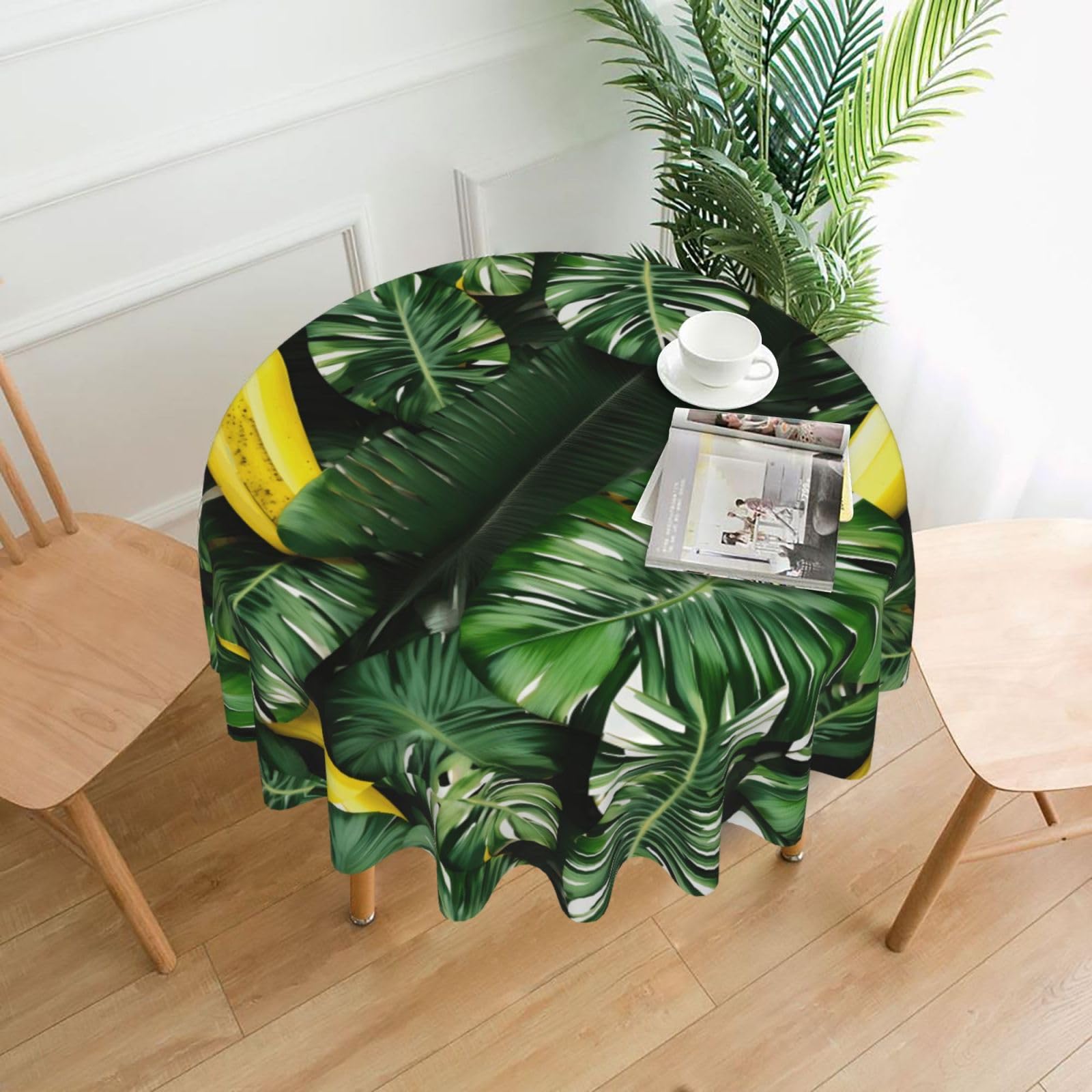 Nbtghga Banana And Palm Print Tablecloth Round Border Table Cloth Cover Decorative For Party Holiday Dinning Tabletop Home