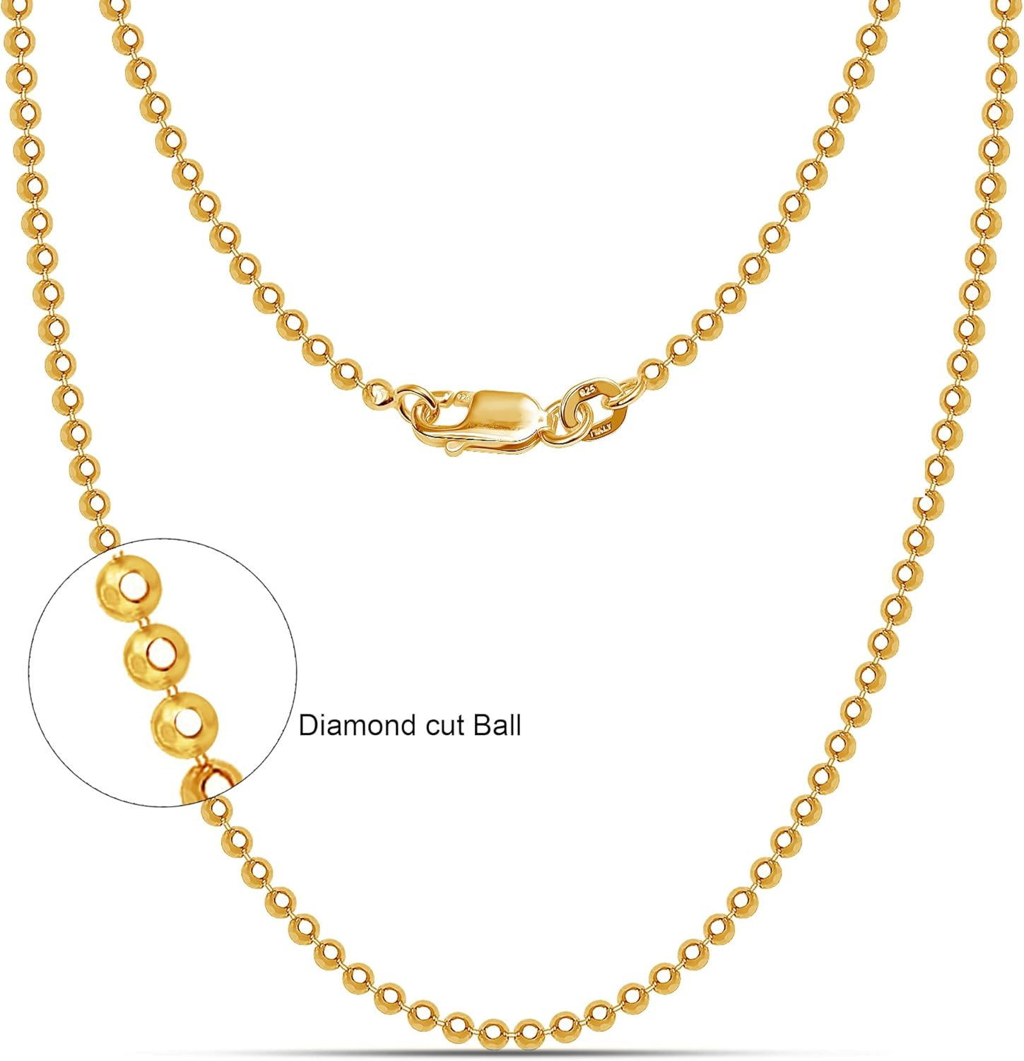 LeCalla 18K Gold Over Sterling Silver Italian 1.50 MM, 2 MM, 3 MM Ball Chain Necklace for Teen Women and Men 16, 18, 20, 22, 24 Inches, 925 Sterling Silver Chain Made in Italy with Lobster-Clasp - Image 3