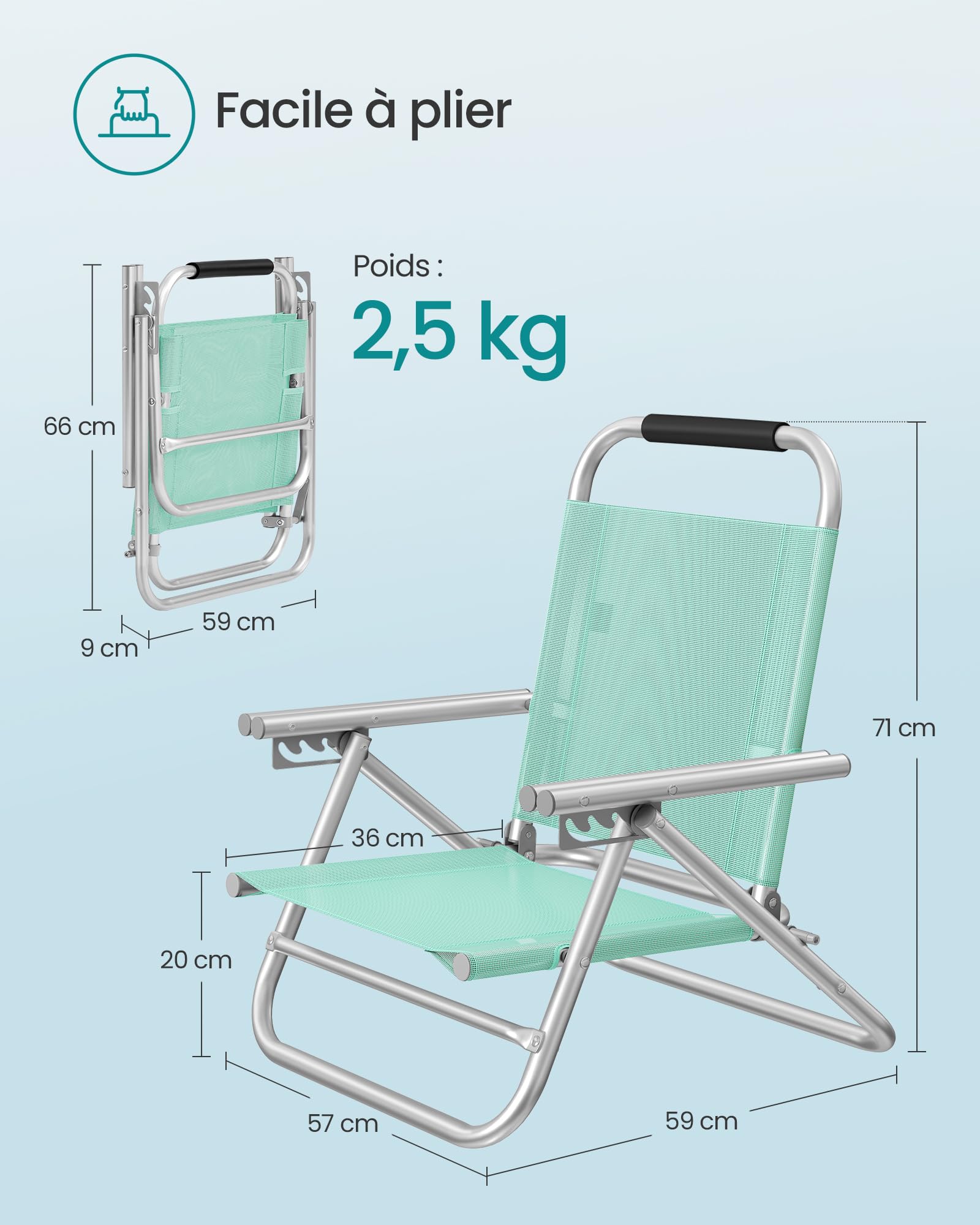 SONGMICS Chaise de Plage, Pliante, Portable, Dossier Réglable sur 4 Niveaux, avec Accoudoirs, Respirante et Confortable, Chaise d'Extérieur