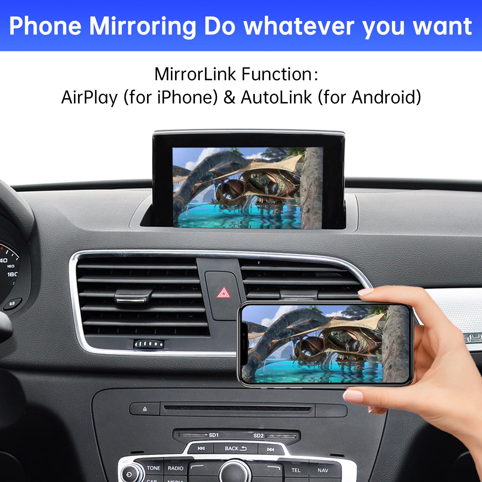 Road Top Bezprzewodowy Carplay Android Auto dla Audi Q3 2014-2018 Rok z MMI 3G, (HN+ wersja oprogramowania samochodowego), Obsługa Mirrorlink, Kamera, Nawigacja