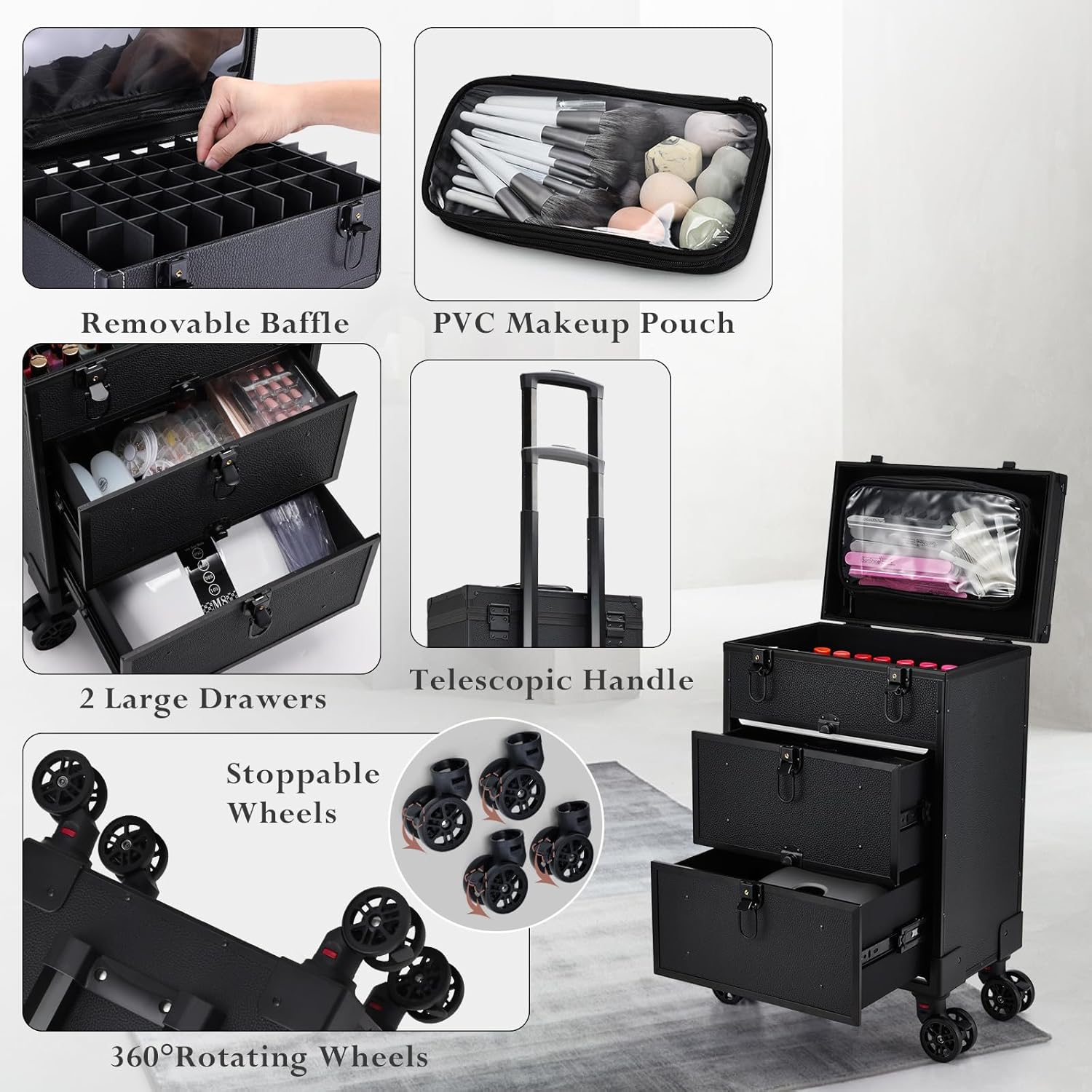 Rolling Makeup Train Case With 2 Extra Large Drawers, Nail Organizer, Foldable Table With Electric Dust Collector, Manicure Desk for Mobile Stylists, Artist Salon Cart Trunk - Black