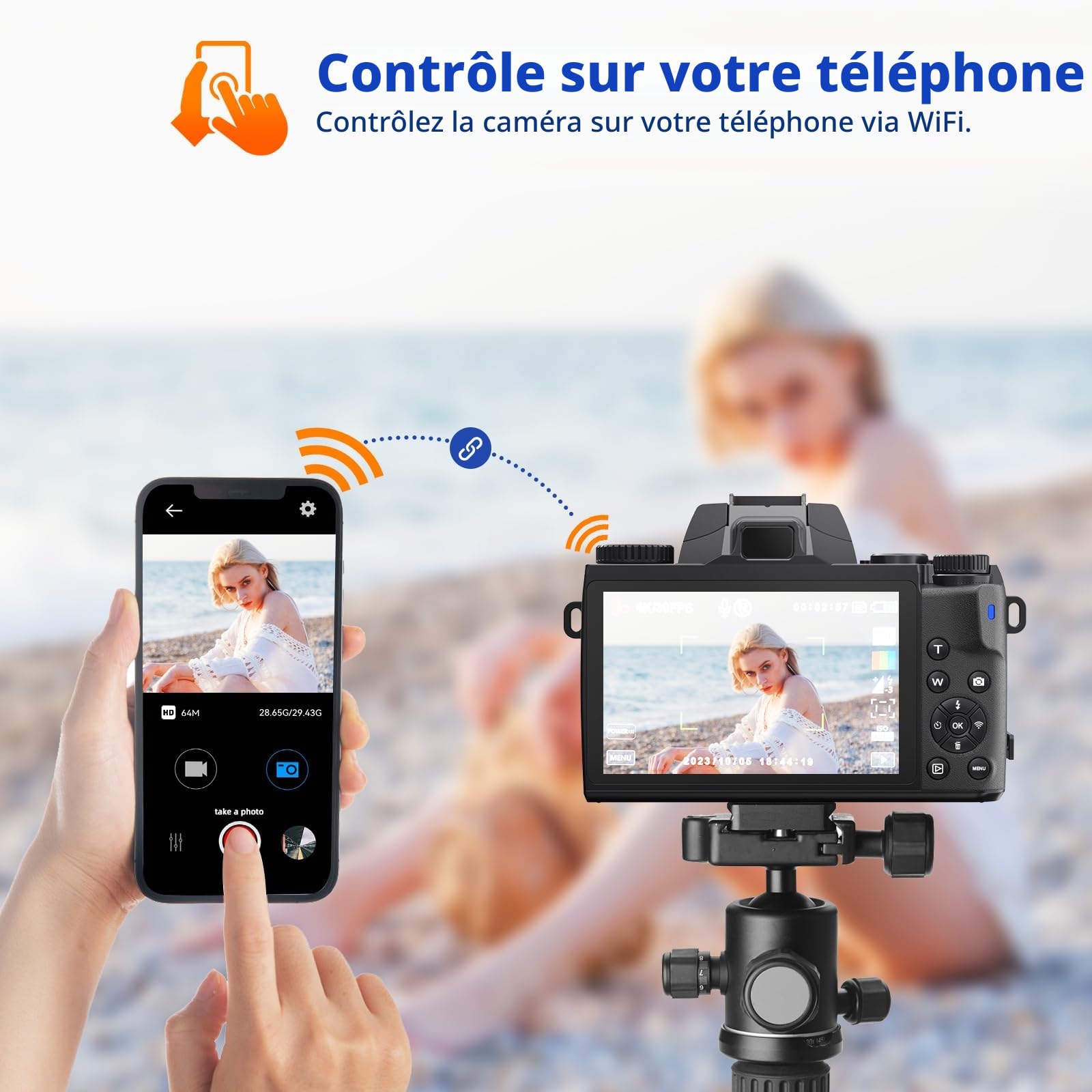 Appareil Photo numérique 4K, CCN 64MP Appareil Photo avec écran Tactile 3.0", Zoom numérique 16X, Fonction WiFi, avec Sacoche, Capuchon, Carte TF 32GB, Objectif Unique, Noir