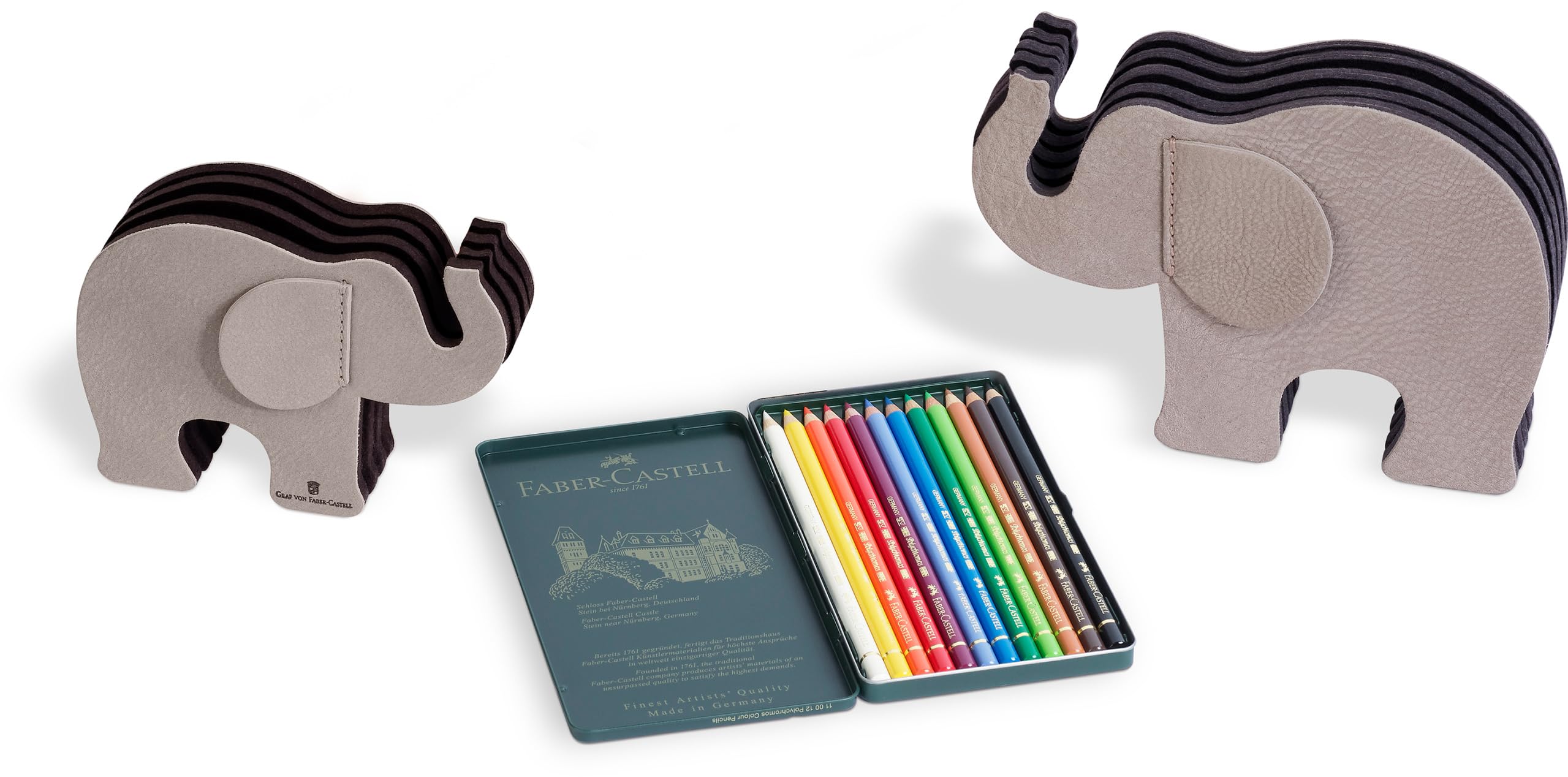 Graf von Faber Castell - Stiftehalter Elefant Grau, Größe S | Aus grauem Nubukleder mit 12 Polychromos Buntstiften und drei Filzfächern