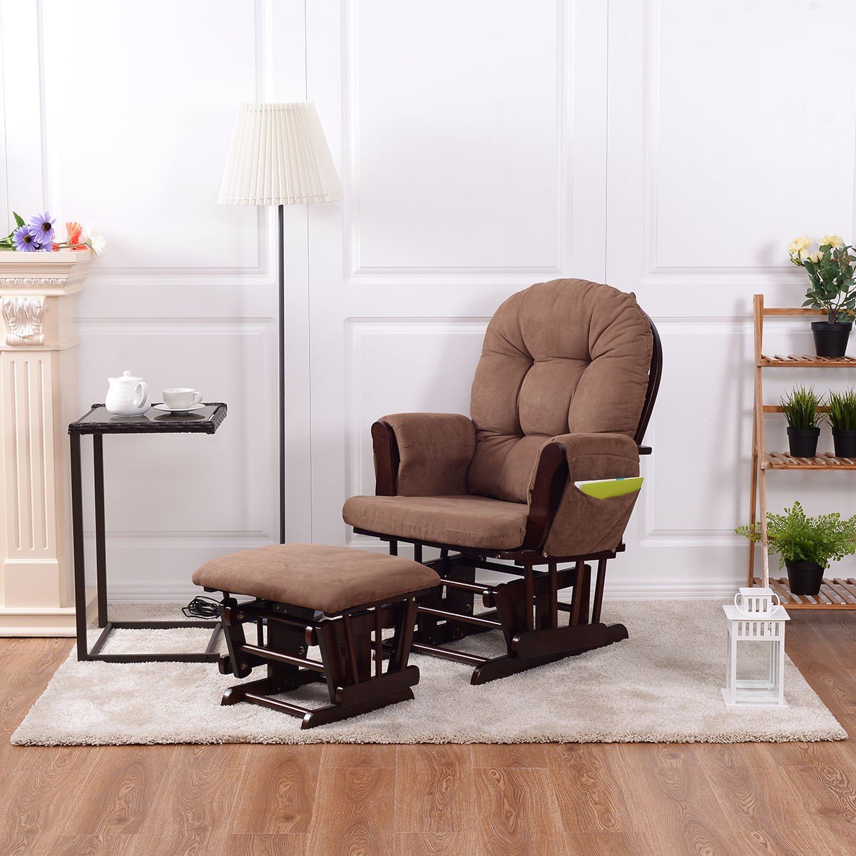 LHONE Rocking Chair with Ottoman, Brown, Traditional Style, Wooden, Adjustable Backrest, Recliner, Nursery & Living Room