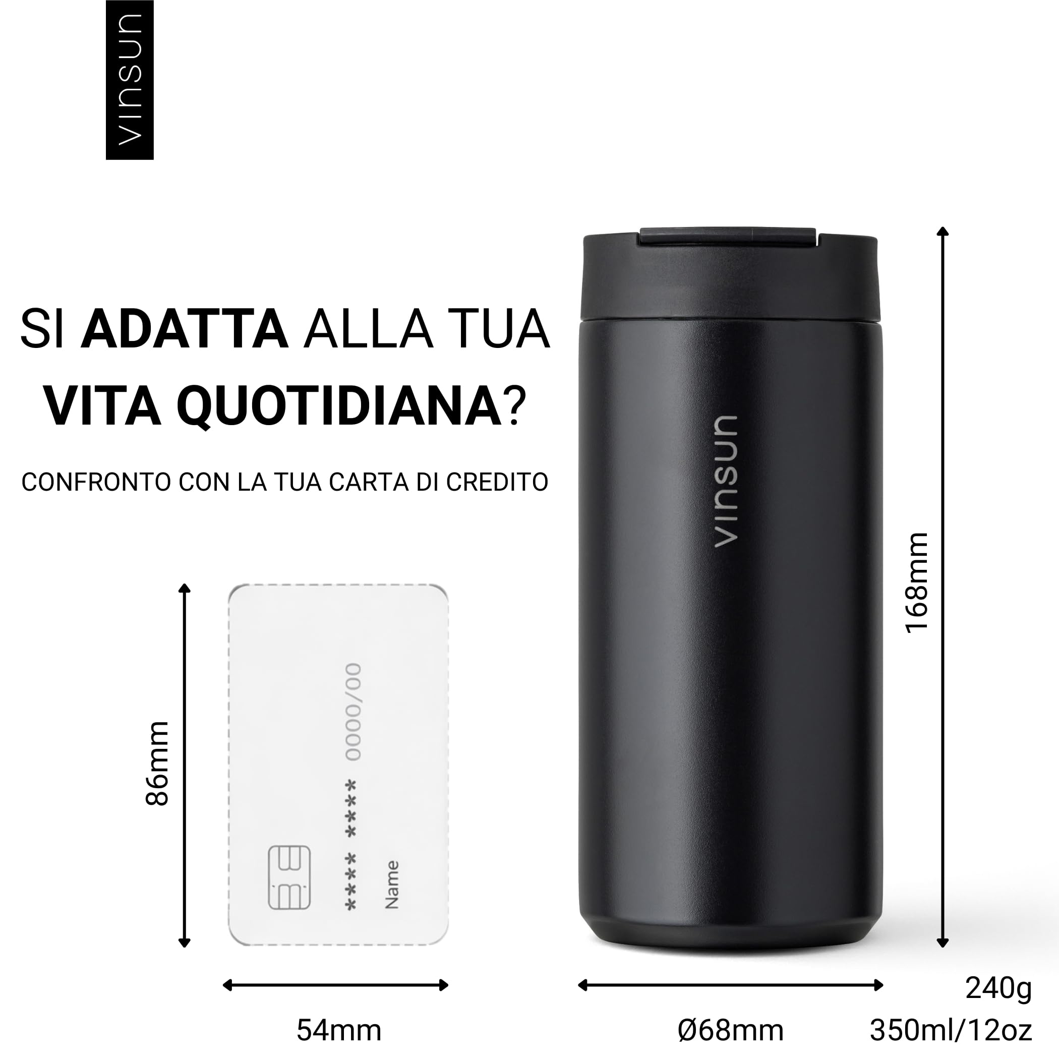VINSUN Tazza Termica Caffe Viaggio 350ml - Acciaio Inox, a Prova di Perdite, Doppia Parete - Bevande Calde e Fredde - Bicchiere Termico con Coperchio