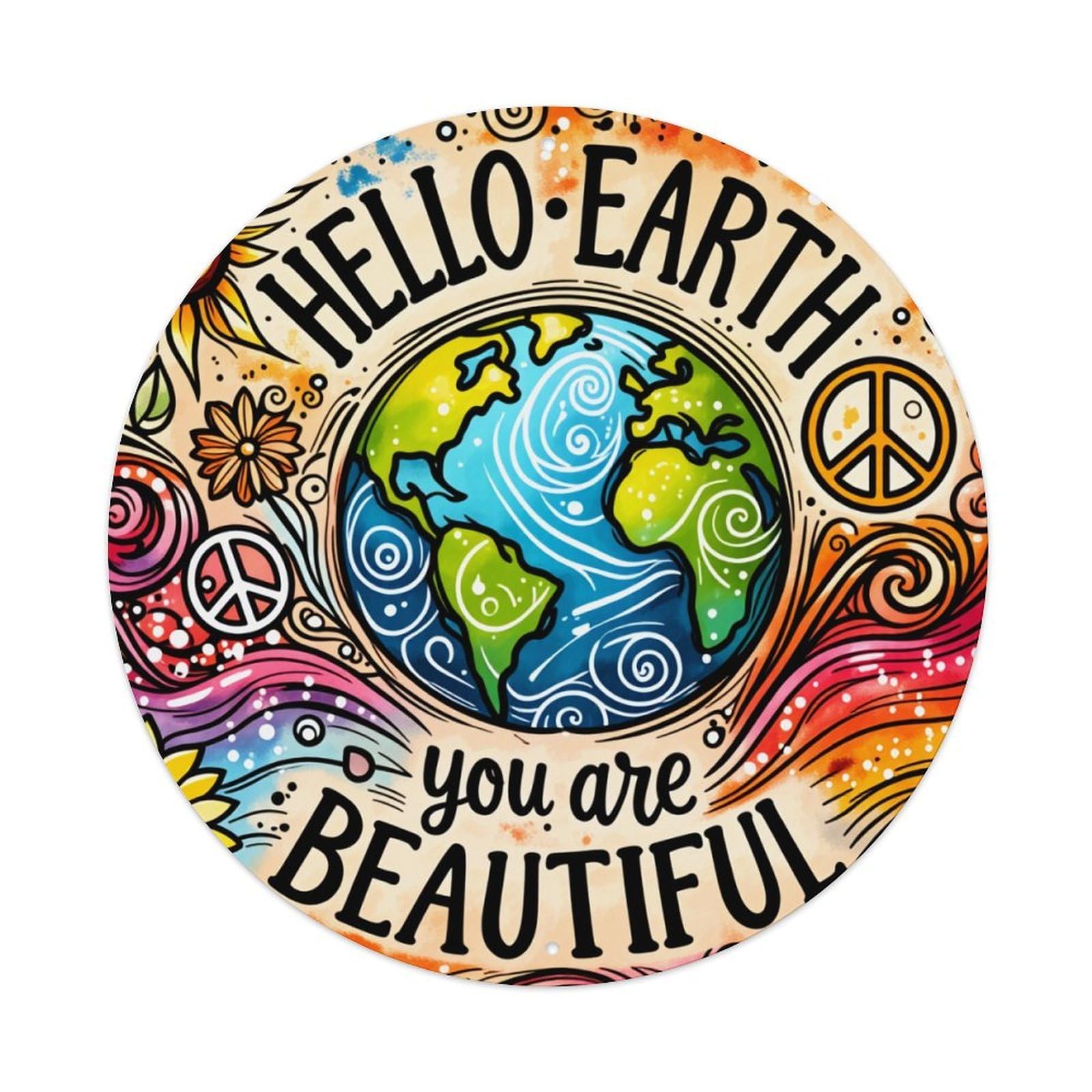Colorful Earth Peace Flowers Waves Round Tin Sign Vintage Metal Poster Retro Bar, Home, Man Cave, Kitchen, Laundry Room Wall Art Decor Gift 8x8Inch
