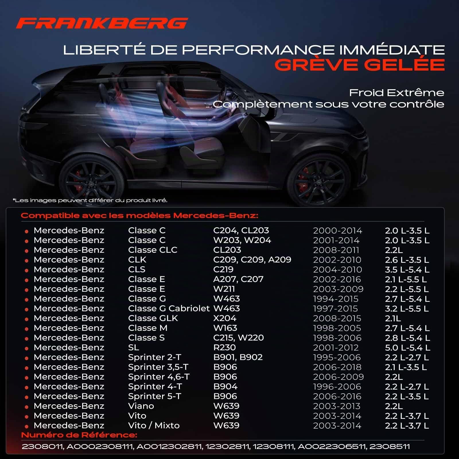 Frankberg Compresseur de climatisation avec embrayage A0022306511 | Compatible avec: Bus Vito W639, Viano W639, Sprinter 4-T Box B904, Châssis-plateau Classe E VF211, CLK C208