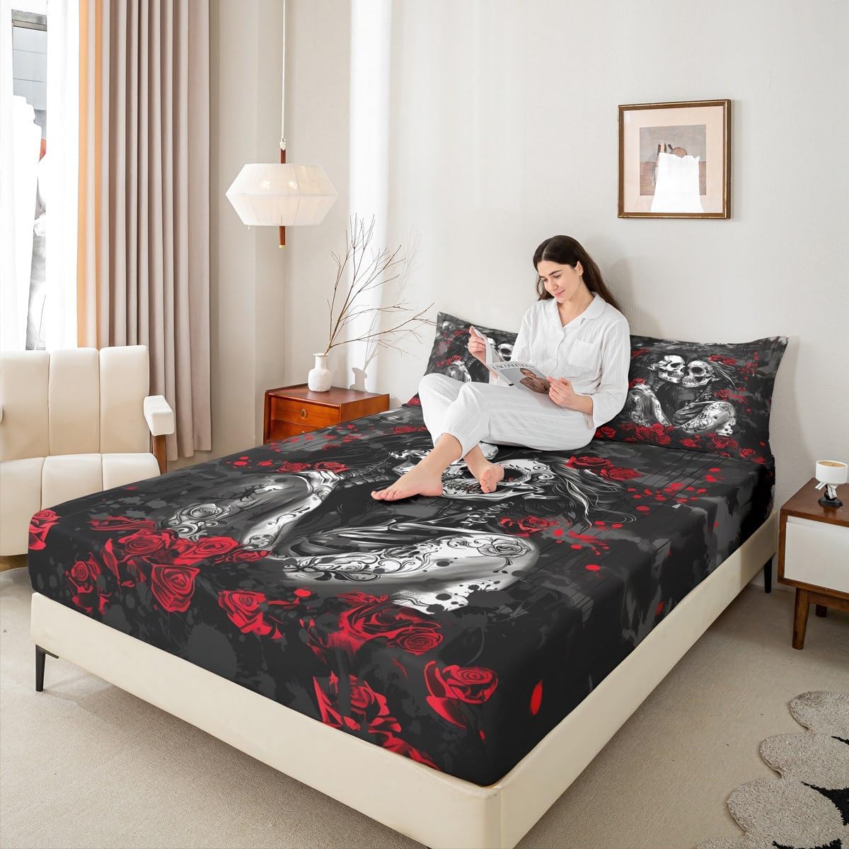 Sugar Skull Couple Full Bed Sheets Goth Romantic Red Rose Fitted Sheet,Gothic White Skeleton Lovers Flower Sheets,Love Heart Grey Black Bed Set for Halloween Adults Room Decor