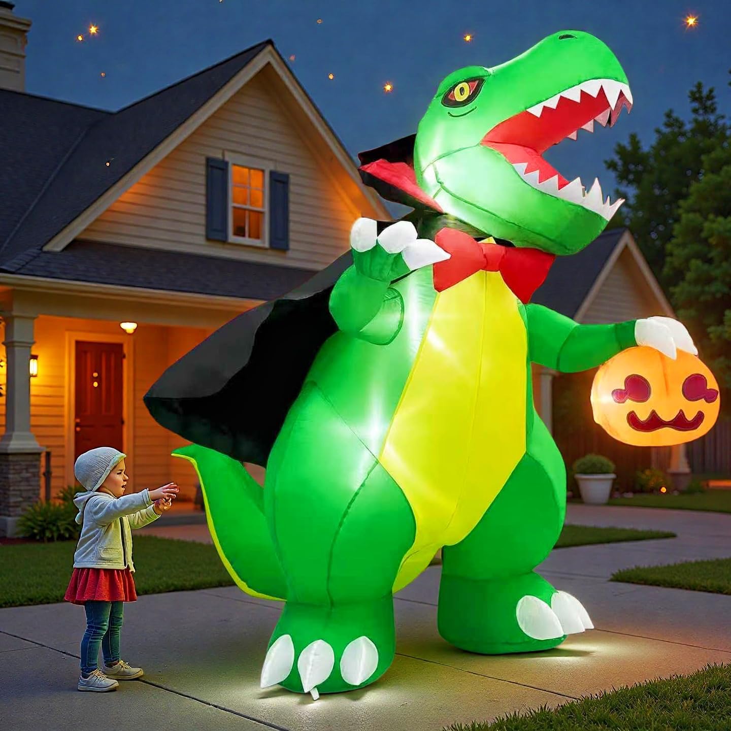 6 FT Halloween Inflatable Dinosaur Decoration, Dinosaur Carrying Pumpkin Body Suit, Built-in LED Lights, Outdoor Party Garden Lawn Holiday Decoration