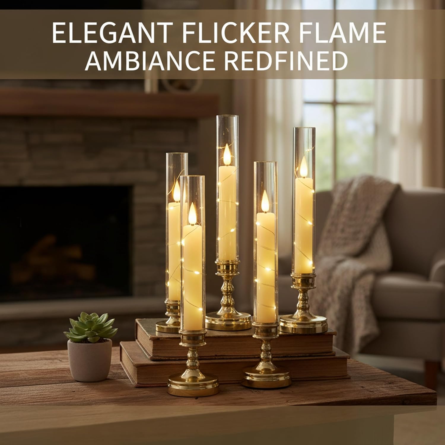 9PCS Flameless Pillar Candles with Remote and Timer,Fake Candles Romantic Design with Built-in Star String Lights, Gold Candles Battery Operated