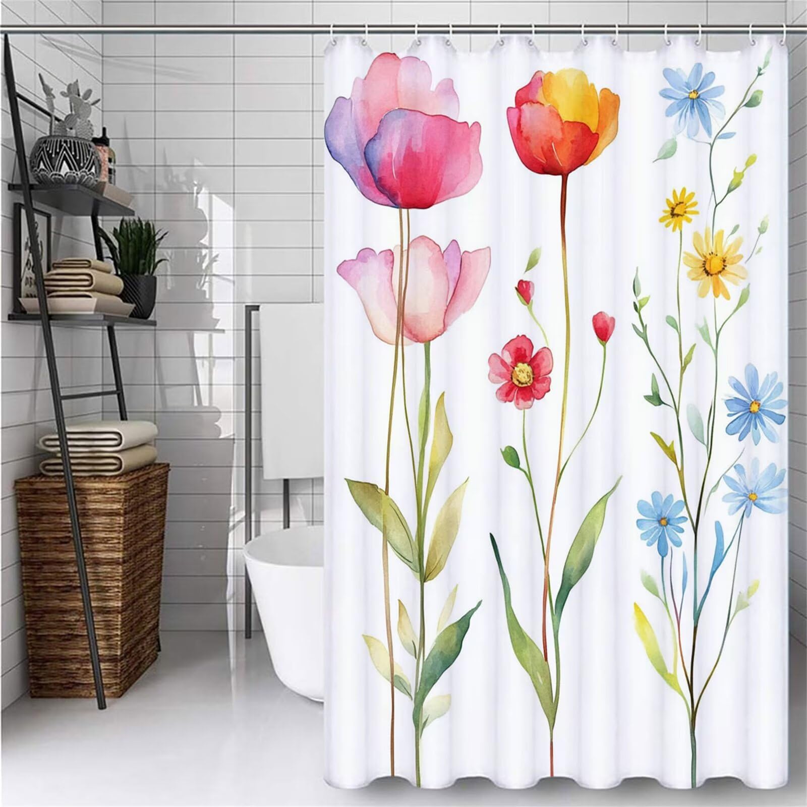 Rideau de Douche 200 x 300 cm Blanc Motif Rideau Douche Anti Moisissure,Imperméable, Lavable, Séchage Rapide Shower Curtain avec 12 Crochets, pour Baignoire, Décoration de Salle de Bain (Fleur) -ly71