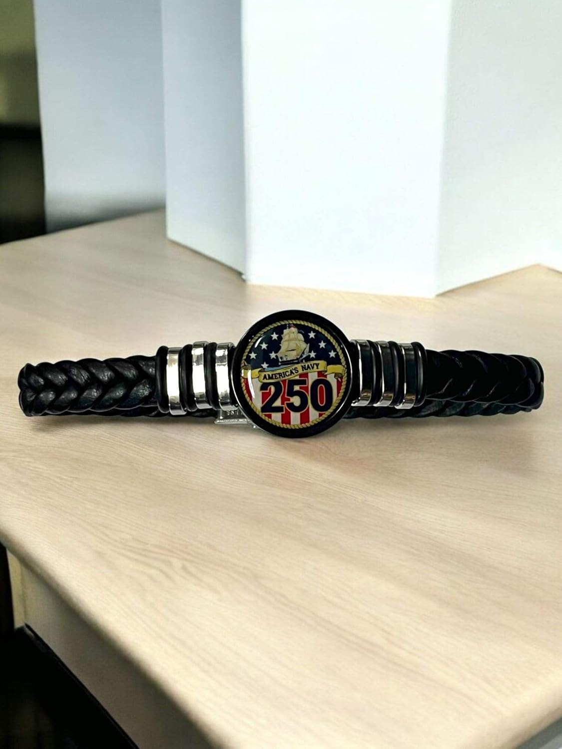 Navy 250th Anniversary Unisex Black Braided Leather Bracelet | Made in USA| Officially Licensed | Gift Boxed
