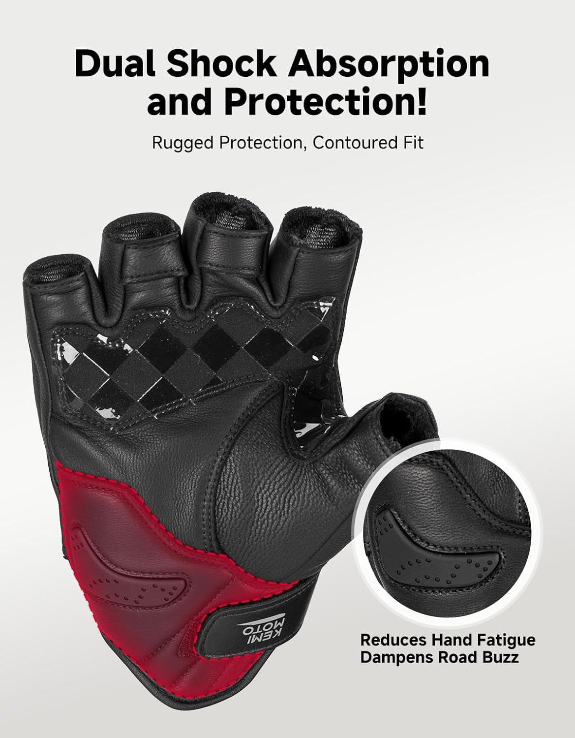 KEMIMOTO Gants Moto Homme Demi-Doigts, Gants Moto Été en Cuir de Chèvr Antidérapants avec Design à Coutures Extérieures, Convient pour Motocross, Scooter, Cyclomoteur, Mobylette, Quad, ATV