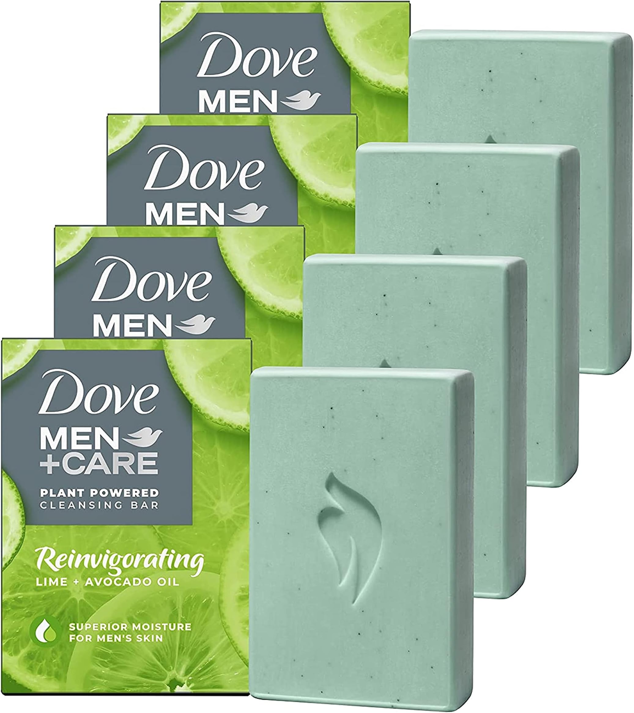 DOVE MEN + CARE Plant-Powered Natural Essential Oil Bar Soap Reinvigorating Lime + Avocado Oil to Clean and Hydrate Mens Skin 4-in-1 Bar Soap for Men's Body, Hair, Face and Shave. 5 oz, 4 Count