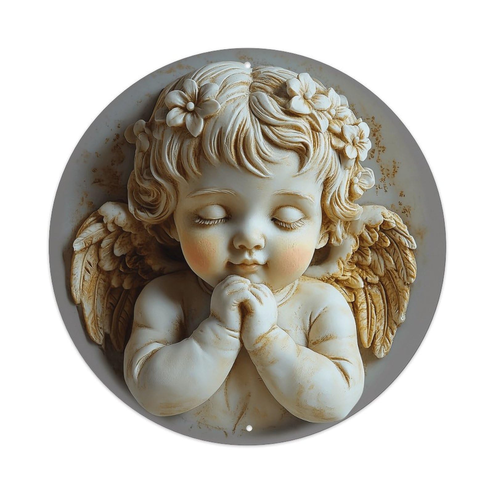Angel With Flowers And Wings Round Tin Sign Vintage Metal Sign Home Bar Garden Indoor & Outdoor Wall Decor Retro Metal Poster 8x8 Inch