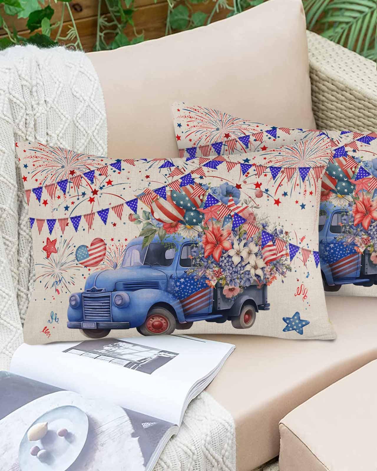 Boanket Lumbar Pillow Covers 12 x 20 in, 4th of July Waterproof Throw Pillow Cover Set of 2, Blue Truck Star Independence Day Rustic Home Decorative Rectangle Cushion Covers for Patio/Couch/Garden