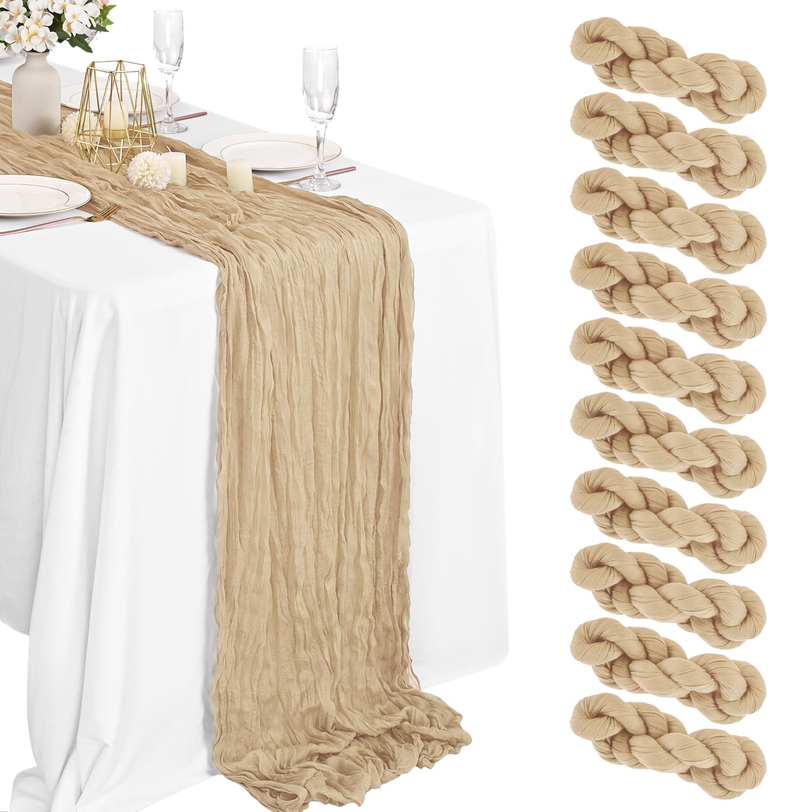 Chemin de table en gaze de coton beige lot de 10 nappes rustiques boho 30x300cm