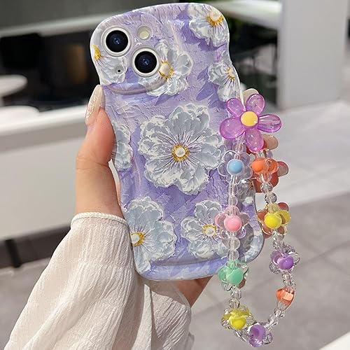 Miniatura 8 de para iPhone 13 Mini Funda rizada ondulada, linda funda protectora de pintura al óleo retro colorida con patrón de flores brillantes [con cadena de