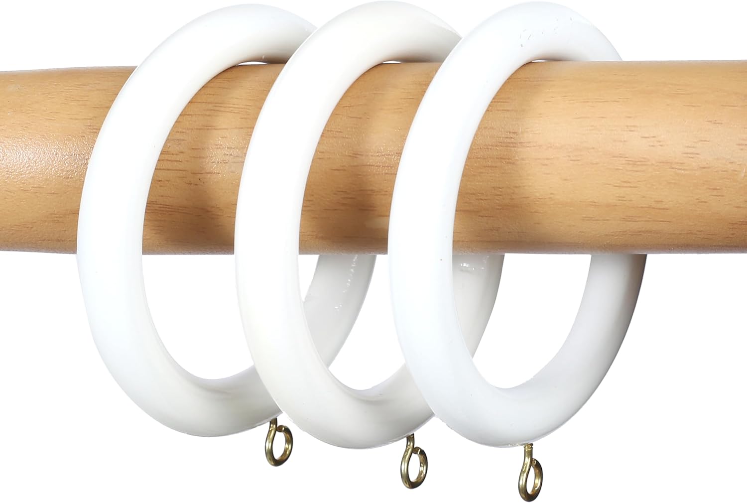 12 Pcs Premium Wooden Window White Curtain Drapery Rings, Hooks, Clips for 1 to 1.75 Inch Curtain Rod Pole (Inner Día 2.2 Inch, Outer Día 3 Inch)