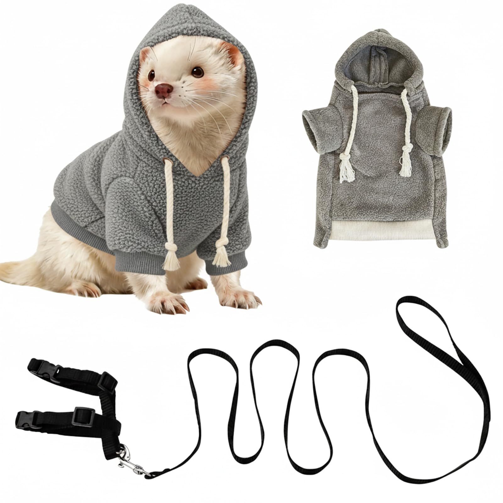 Ensemble vêtements et laisse pour furet, pull à capuche chaud avec harnais et laisse pour la promenade en plein air, vêtement confortable pour furets, chinchillas, petits animaux de compagnie, tenue