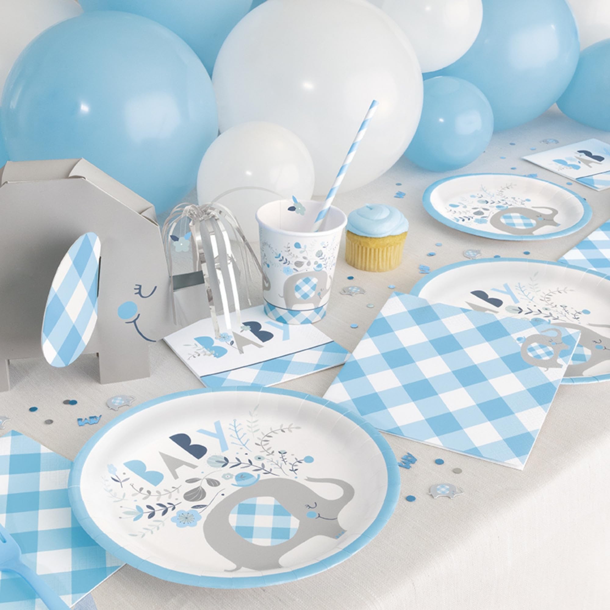 Elefante azul suministros de fiesta y decoración de mesa para niños cumpleaños y baby shower, Platos de papel azul y servilletas de almuerzo (sirve 16)