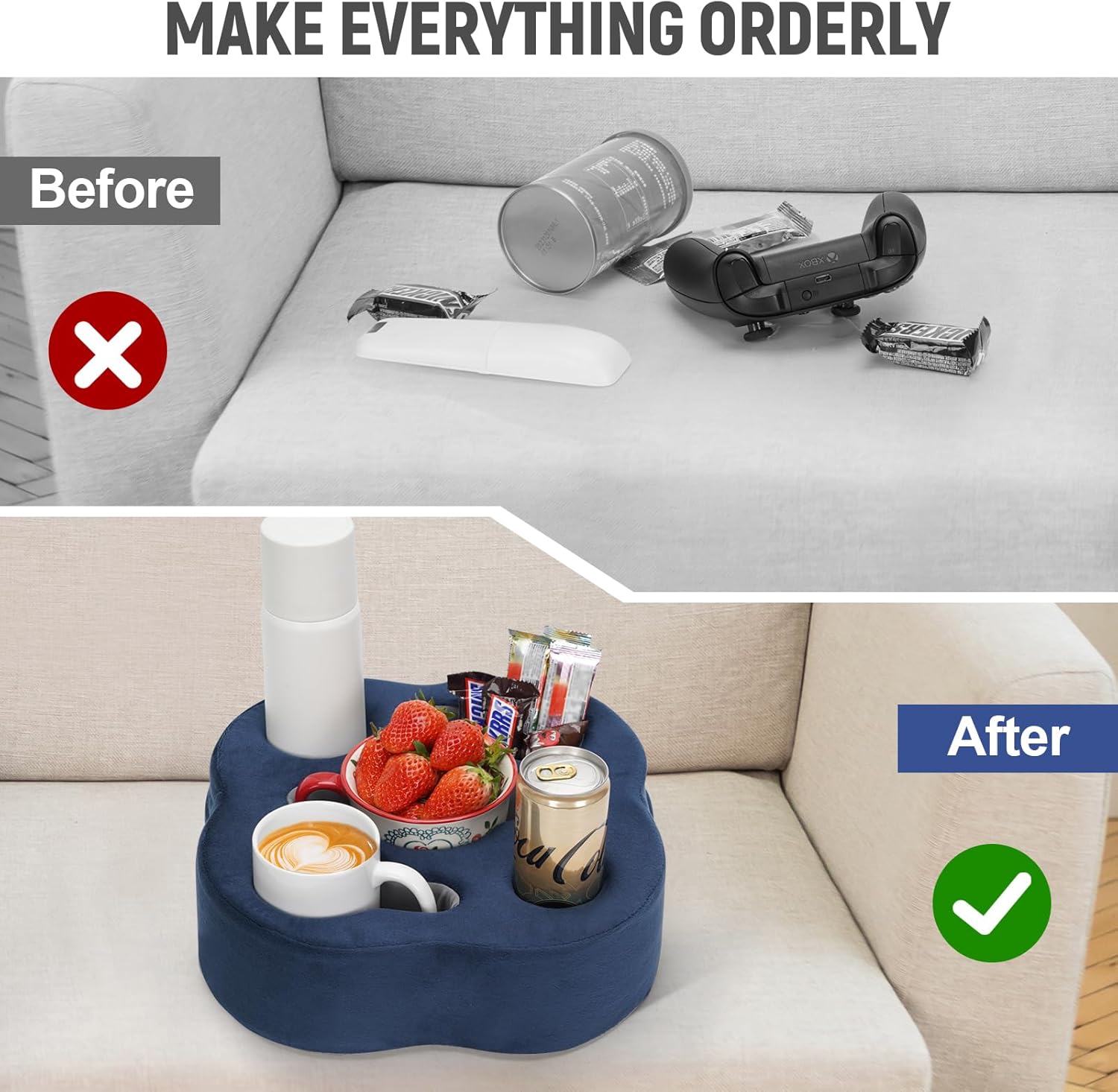 Couch Cup Holder Pillow, Sofa Organizer Caddy Bed Refreshment Tray for Drinks, Remotes, Phones, Snacks (Navy)