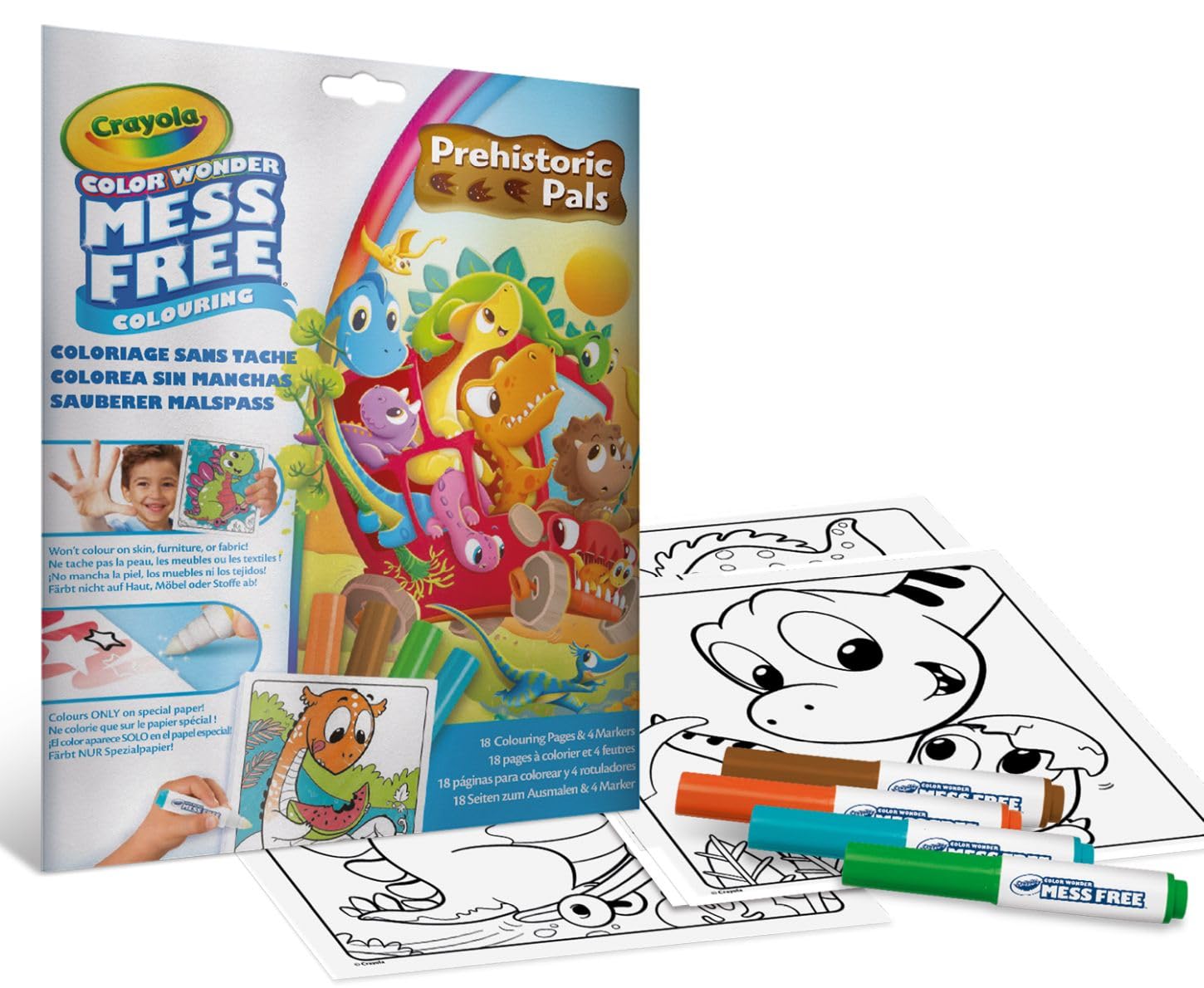 Crayola Color Wonder - Kit para Colorear con 18 Páginas y 4 Rotuladores sin Manchas, Tema: Amigos los Dinosaurios, Actividad Creativa para Niños, Edad 3, 4 y 5 años, 75-7158