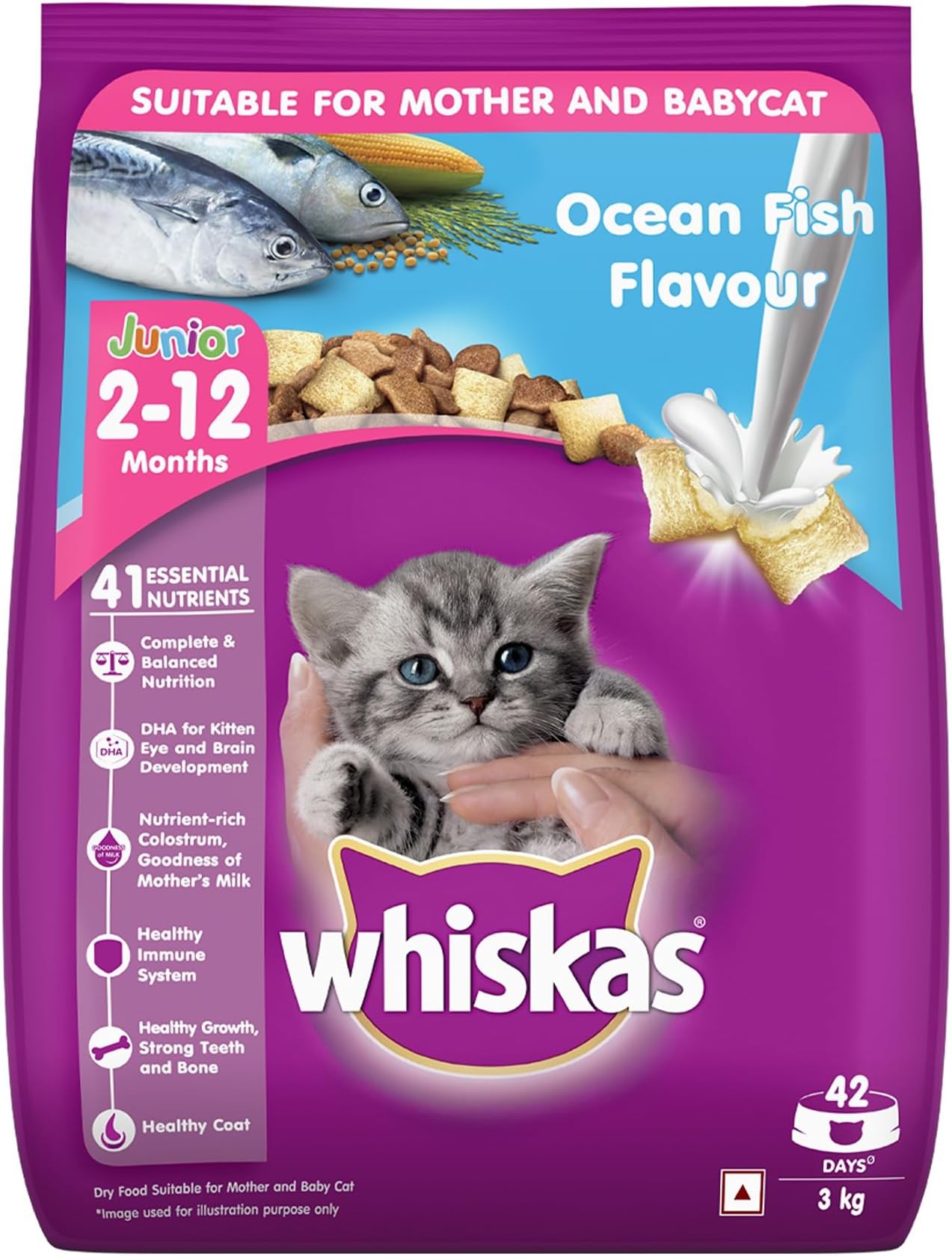 Whiskas Kitten (2-12 months) Dry Cat Food, Ocean Fish Flavour with Milk, 3kg Pack (packaging may vary)