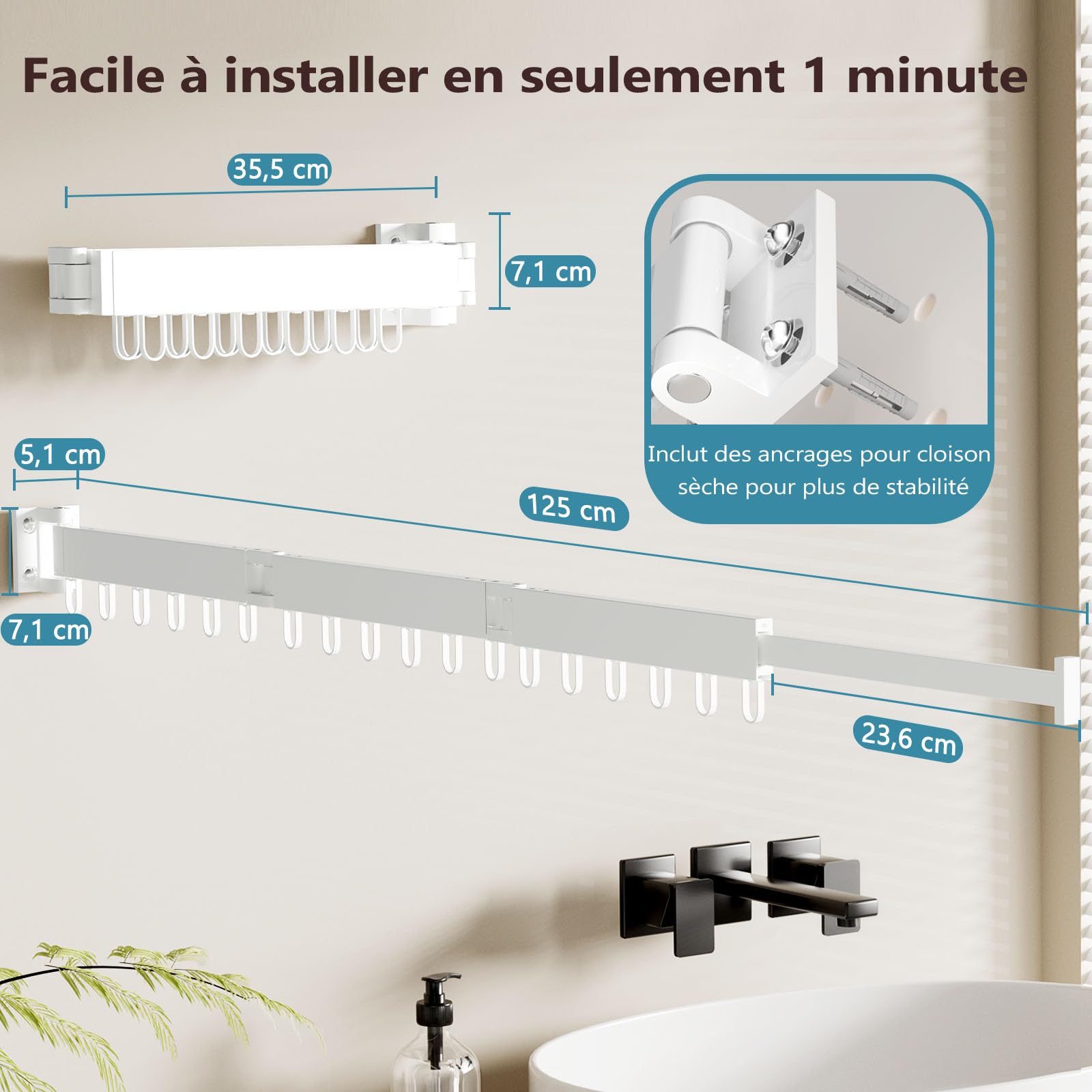 JAUREE Séchoir à Linge Murale, Séchoir à Linge Escamotable et Pliable, Séchoir à Vêtements Mural Économiseur d'Espace, Séchoir Rétractable Tripliable pour Intérieur/Extérieur avec 18 Crochets, Blanc