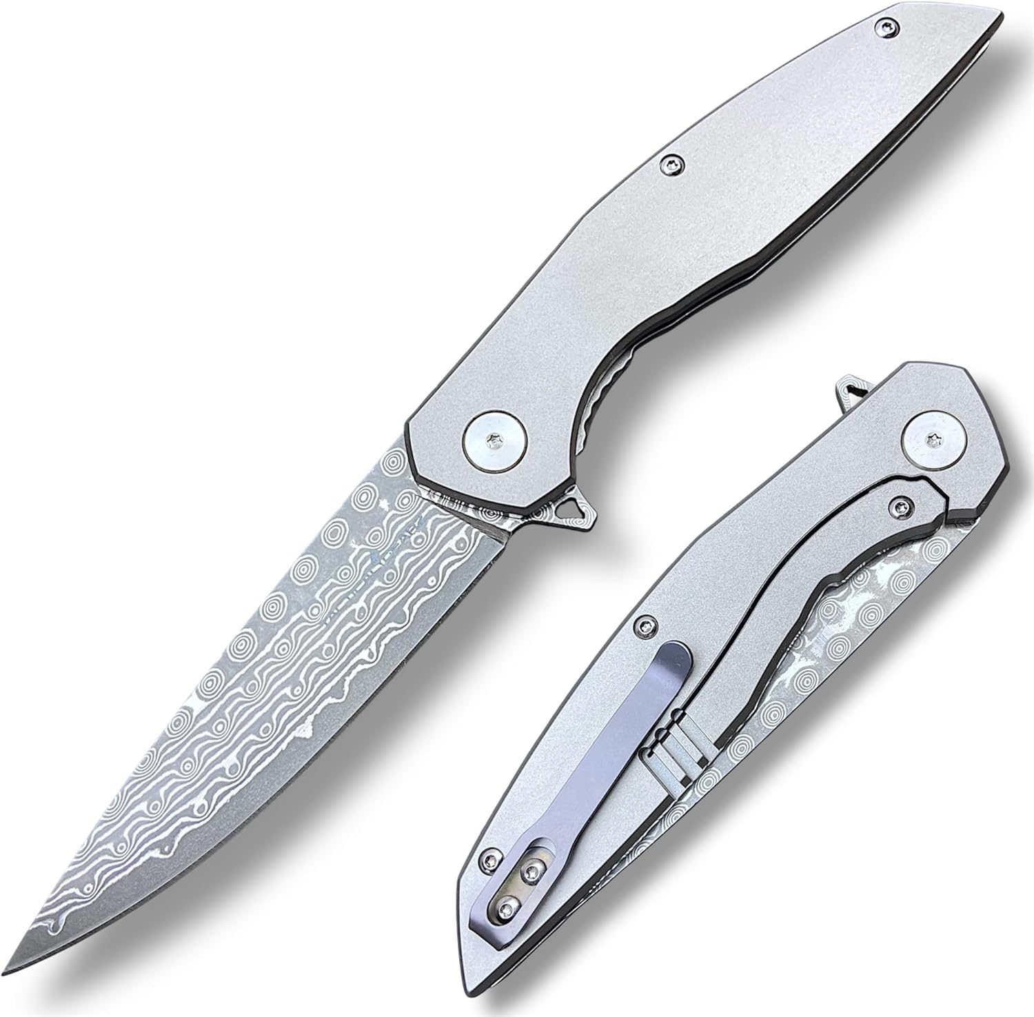 TACTICAL GEARZ EDC Damascus Pocket Folding Knife, Solid Titanium Handle, 67 Multi-Layered VG10 Damascus Steel Blade (Volan XT)