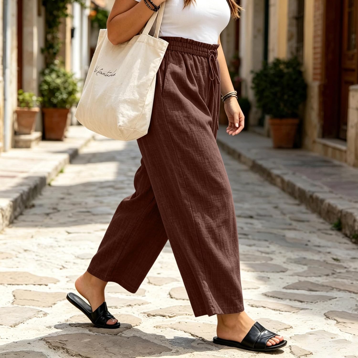 Wide Leg Pants for Women Straight Leg High Waisted Loose Pant Summer Gauze Vacation Lightweight Trousers with Pocket